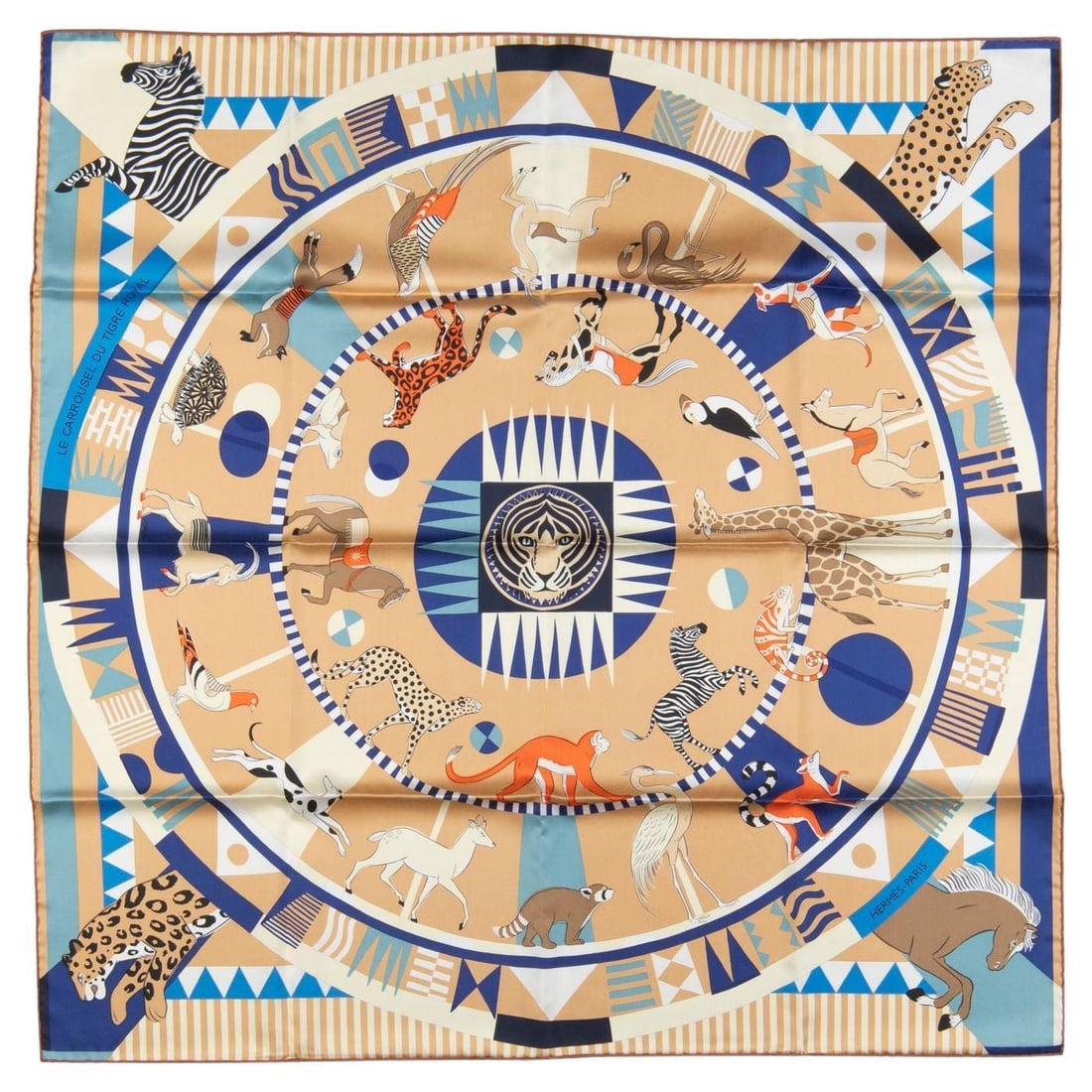 Hermes Le Carrousel du Tigre Scarf 35x35 inches with Box: Hermes Le Carrousel du Tigre Scarf 35x35 inches with Box Experience the elegance of the Hermes "Le Carrousel du Tigre" scarf, designed by Katie Scott. This exquisite scarf features a captivating tiger
