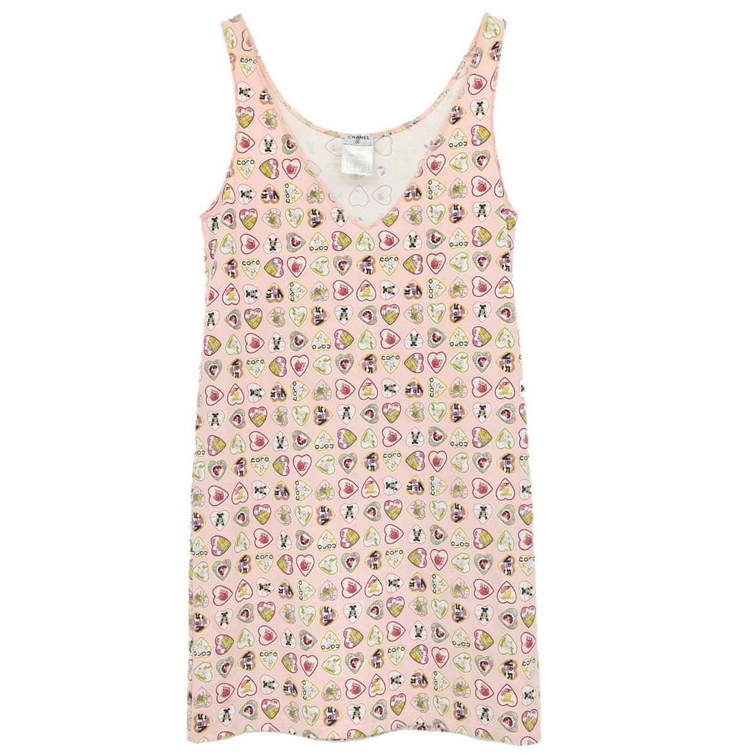 CHANEL 06P Valentine Pink Sleeveless Tank Dress Size 38: CHANEL 06P Valentine Pink Sleeveless Tank Dress Size 38 Vintage Chanel sleeveless tank dress in pink with multicolor detailing. This knee-length women's dress is made from a nylon and spandex blend an