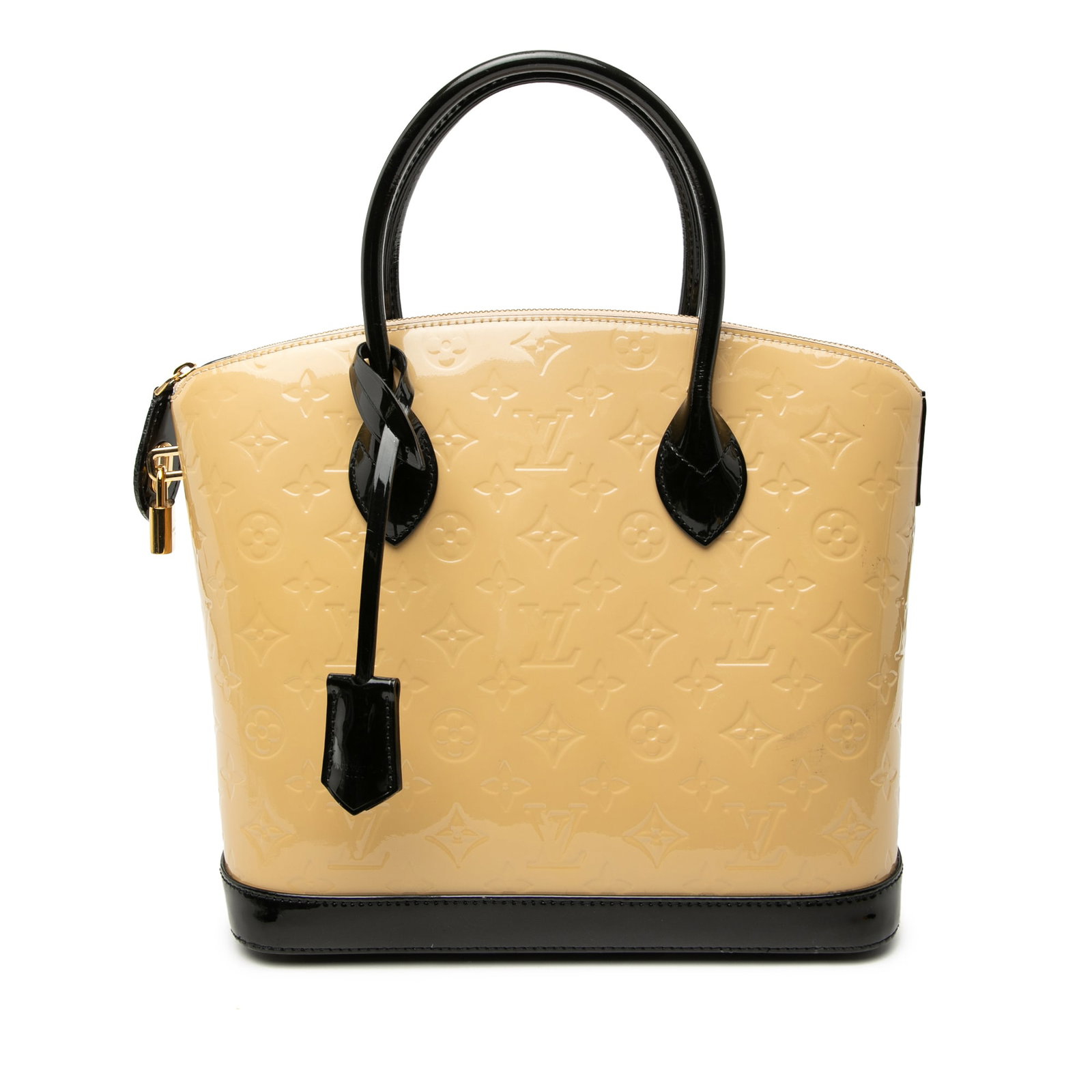 Louis Vuitton Lockit PM Bag in Monogram Vernis Leather Beige: Louis Vuitton Lockit PM Bag in Monogram Vernis Leather Beige The Louis Vuitton Monogram Vernis Lockit PM is crafted from monogram vernis leather and features rolled leather handles, a top zip closure,