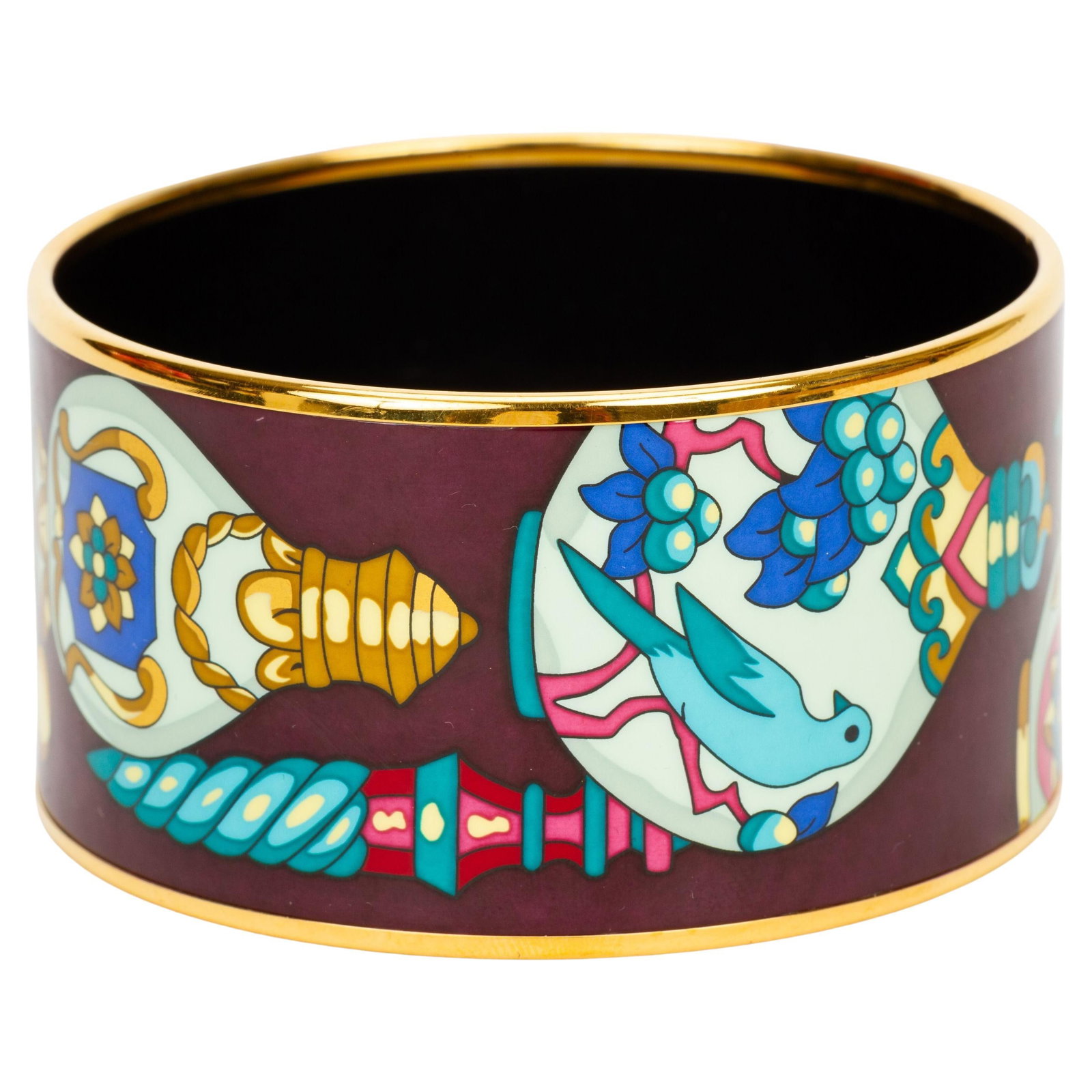 Qu Importe le Flacon Enamel Bracelet by Hermes with Gold Tone Edges: Qu Importe le Flacon Enamel Bracelet by Hermes with Gold Tone Edges This Hermes Extra Wide Enamel Bangle showcases the "Qu Importe le Flacon" print with a vibrant, colorful design featuring perfume bo