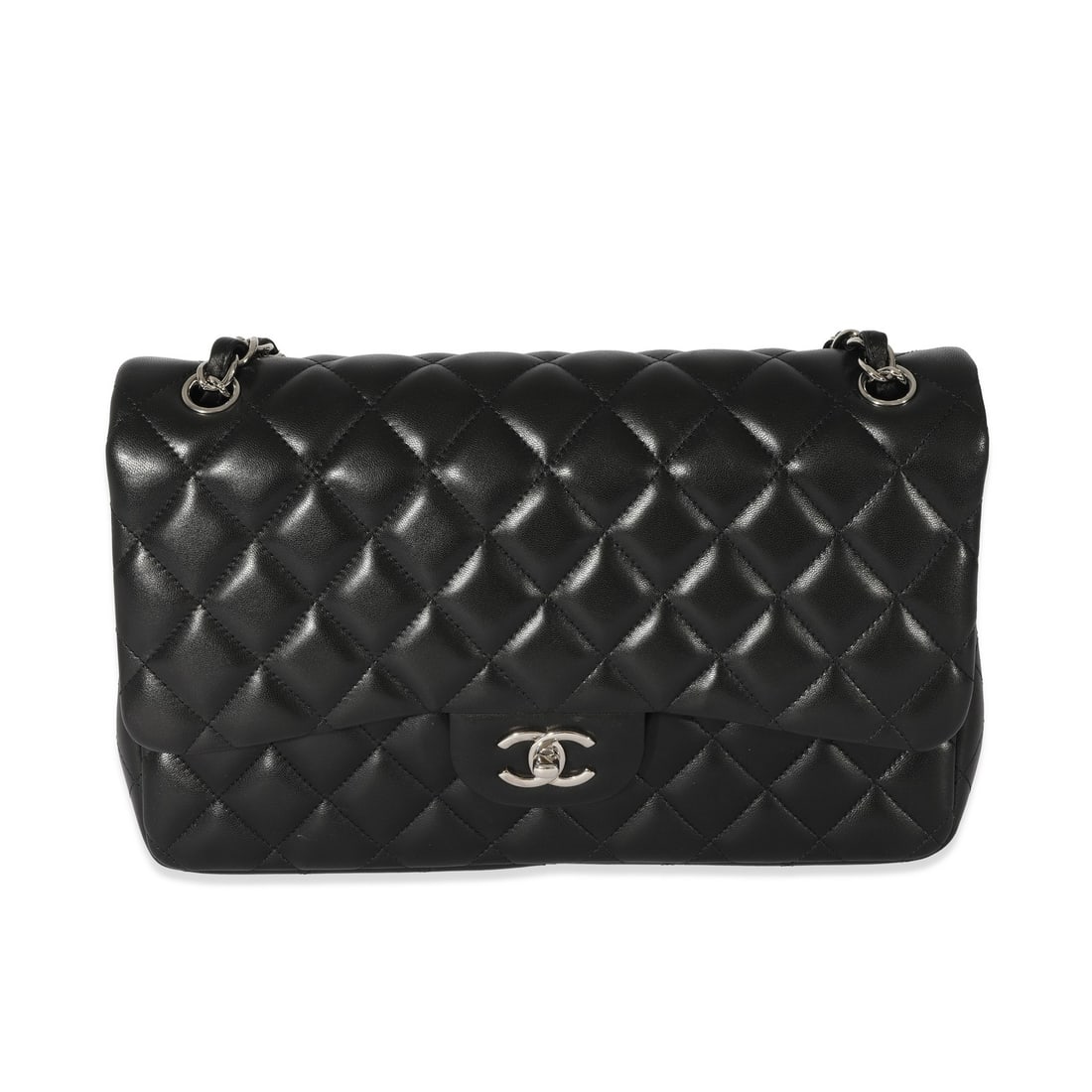 Chanel Jumbo Classic Double Flap Black Lambskin Handbag: Chanel Jumbo Classic Double Flap Black Lambskin Handbag This Chanel Jumbo Classic Double Flap bag is crafted from black quilted lambskin leather and features silver-tone hardware. Designed as both an 