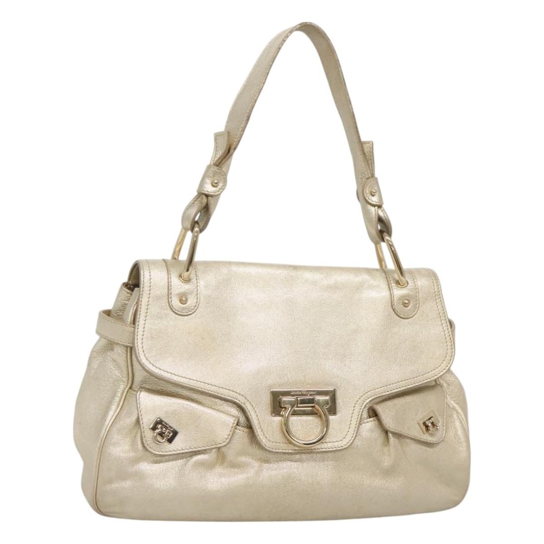Salvatore Ferragamo Gancini Leather Shoulder Bag Champagne Gold BA3466V: Salvatore Ferragamo Gancini Leather Shoulder Bag Champagne Gold BA3466V Salvatore Ferragamo Gancini shoulder bag in leather with a Champagne Gold/Gold colorway. Made in Italy, this women's bag measure