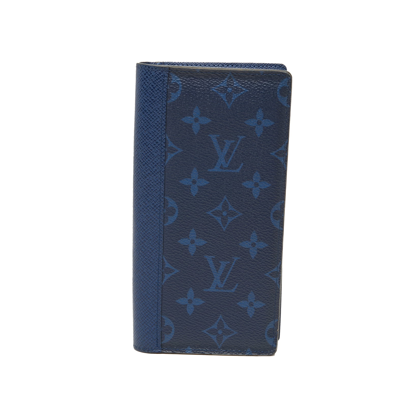 Louis Vuitton Brazza Long Wallet Monogram Canvas Taiga Leather Blue: Louis Vuitton Brazza Long Wallet Monogram Canvas Taiga Leather Blue This Louis Vuitton Brazza bifold long wallet is crafted with a monogram canvas and Taiga leather body in blue. It features interior 