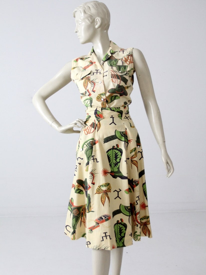 Rare 1950s Panhandle Slim Western Skirt Blouse Set Cream Cotton (1 of 10)