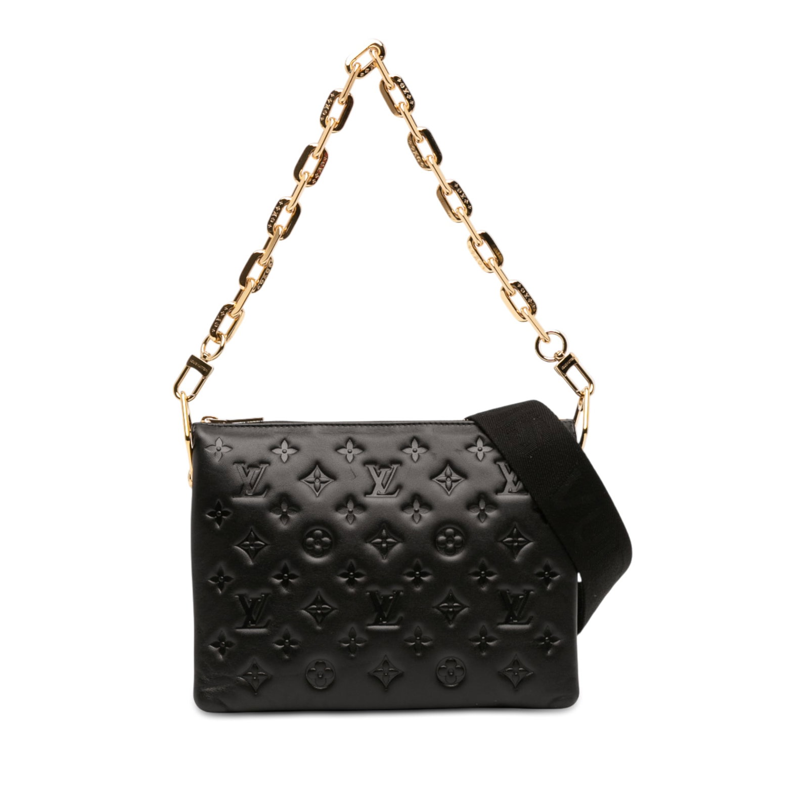 Louis Vuitton Coussin PM Black Lambskin Bag with Gold Chain and Strap: Louis Vuitton Coussin PM Black Lambskin Bag with Gold Chain and Strap This Louis Vuitton Monogram Embossed Puffy Lambskin Coussin PM features a black embossed puffy lambskin leather body, a gold-tone 