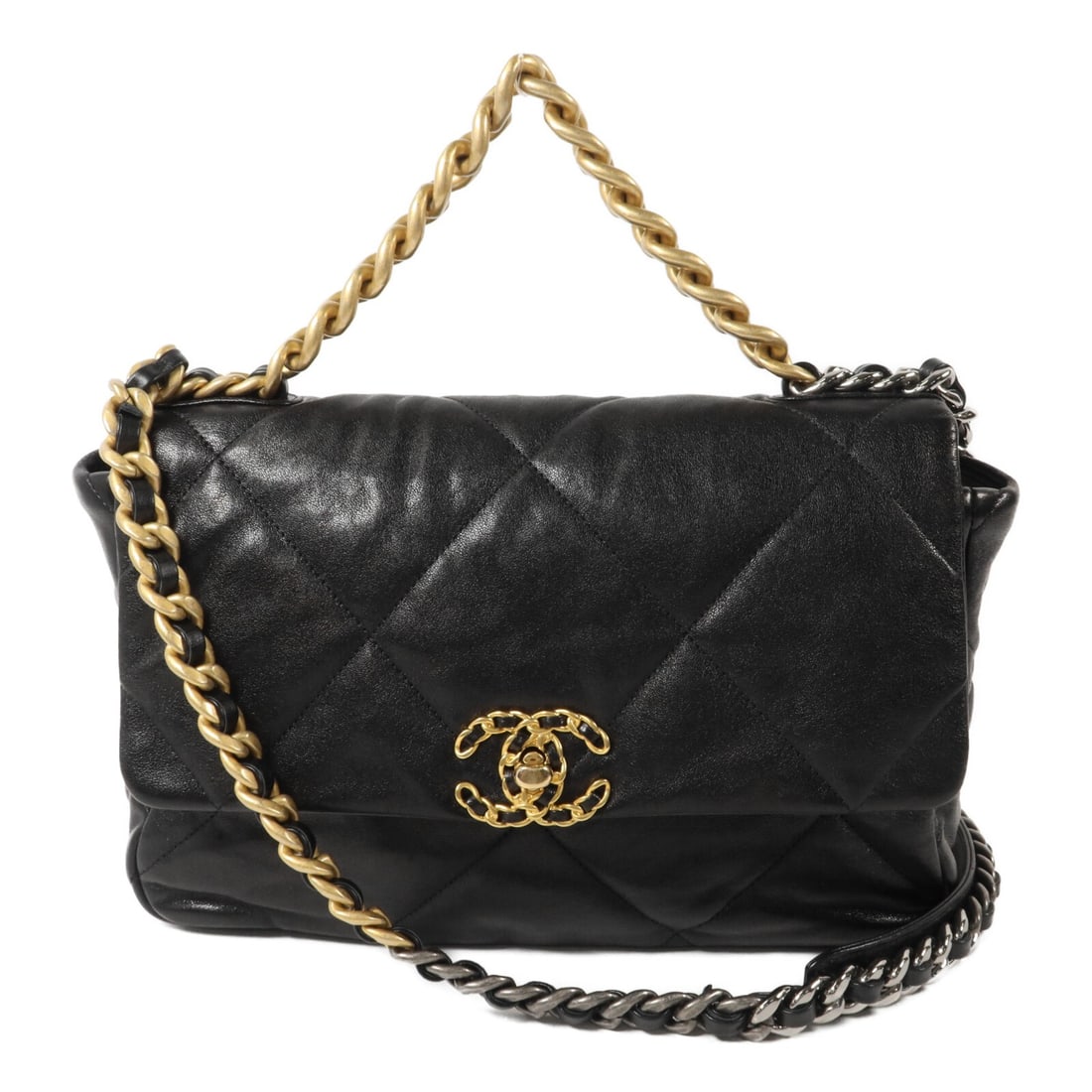 CHANEL C19 Large Lambskin Chain Shoulder Bag Black: CHANEL C19 Large Lambskin Chain Shoulder Bag Black Large CHANEL CC C19 chain shoulder bag in black lambskin (sheep leather). It features a turn lock closure, one outside magnetic pocket, one inside zi