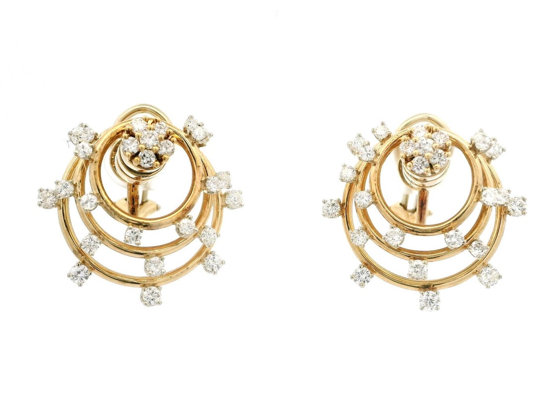 Norman Teufel 14k Yellow Gold 2ct Diamond Motion Omega Earrings: Norman Teufel 14k Yellow Gold 2ct Diamond Motion Omega Earrings Experience the elegance of these stunning earrings featuring a unique motion spinning design. Crafted from 14k solid yellow gold, these 