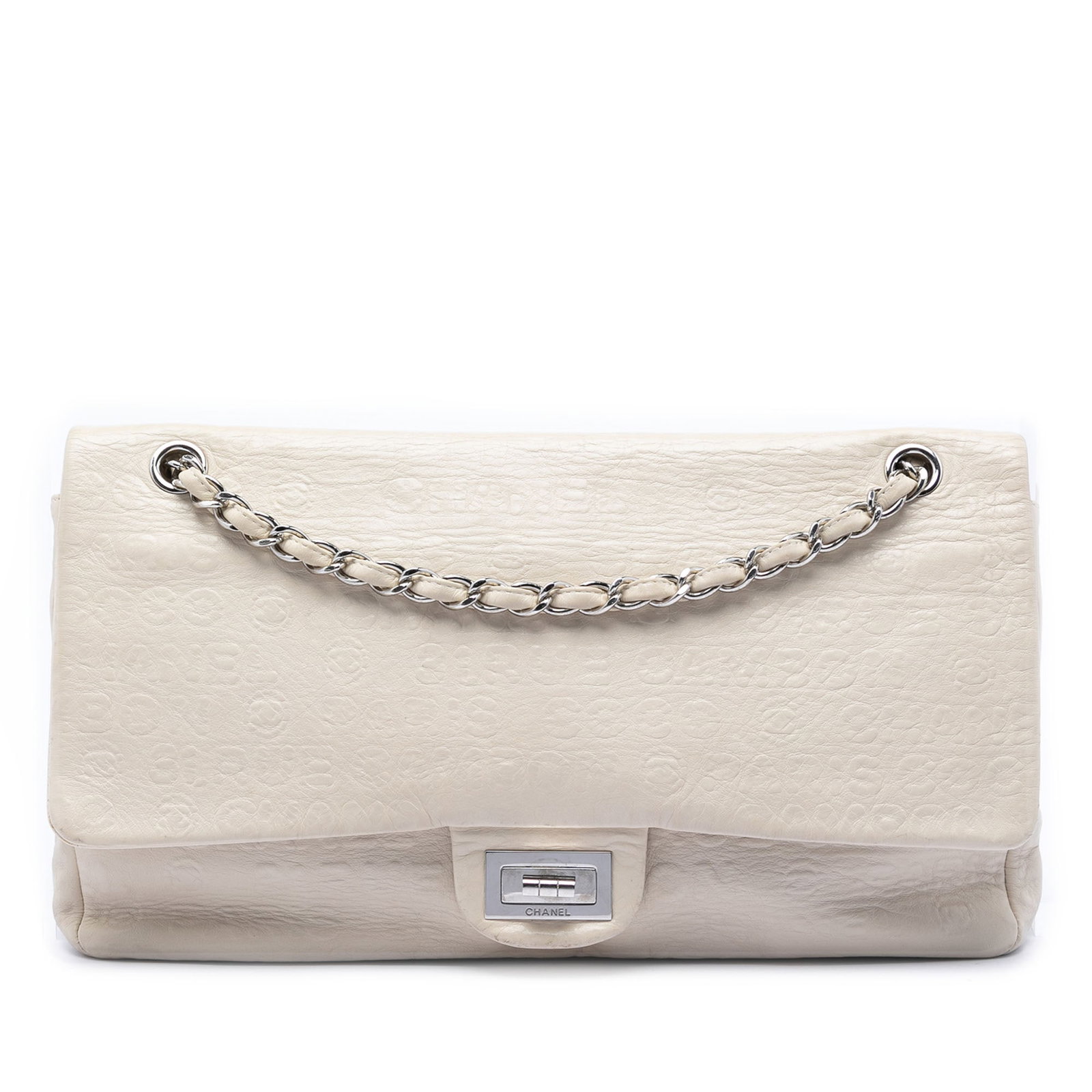 Chanel Reissue 2.55 Double Flap Maxi 31 Rue Cambon White Leather Bag: Chanel Reissue 2.55 Double Flap Maxi 31 Rue Cambon White Leather Bag A shoulder bag in embossed calf leather with leather-woven chain link straps, a flap with twist lock closure, an exterior back slip