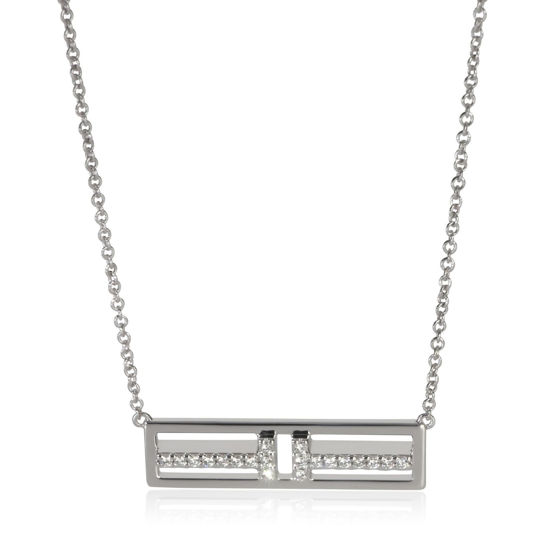 Tiffany T Horizontal Bar 18k White Gold Diamond Pendant: Tiffany T Horizontal Bar 18k White Gold Diamond Pendant This Tiffany & Co. T Horizontal Bar pendant is crafted from 18k white gold and features round brilliant diamonds with a total carat weight of 0.