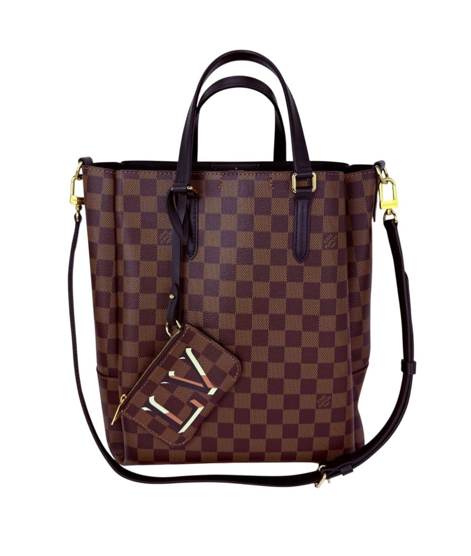 Louis Vuitton Belmont MM Canvas Tote with Damier Ebene Pattern and Removable Strap: Louis Vuitton Belmont MM Canvas Tote with Damier Ebene Pattern and Removable Strap This Louis Vuitton Belmont MM tote bag showcases the iconic Damier Ebene patterned coated canvas with brown leather h