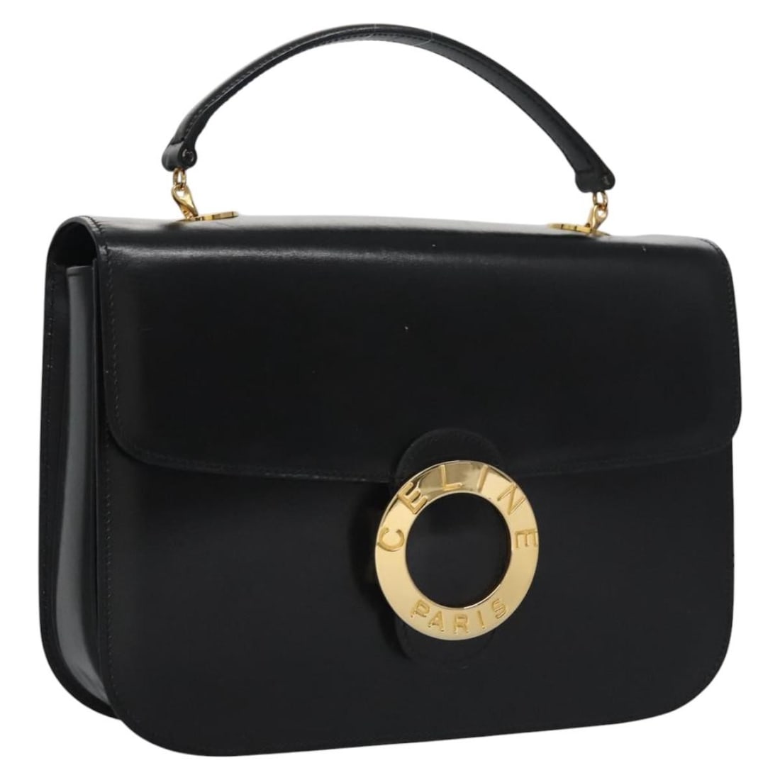 Black Leather Handbag Gold Tone CELINE Italy: Black Leather Handbag Gold Tone CELINE Italy A CELINE leather hand bag in black with gold-tone accents. Made in Italy, this bag measures approximately W24 cm x H17 cm x D5 cm, with a handle drop of ap