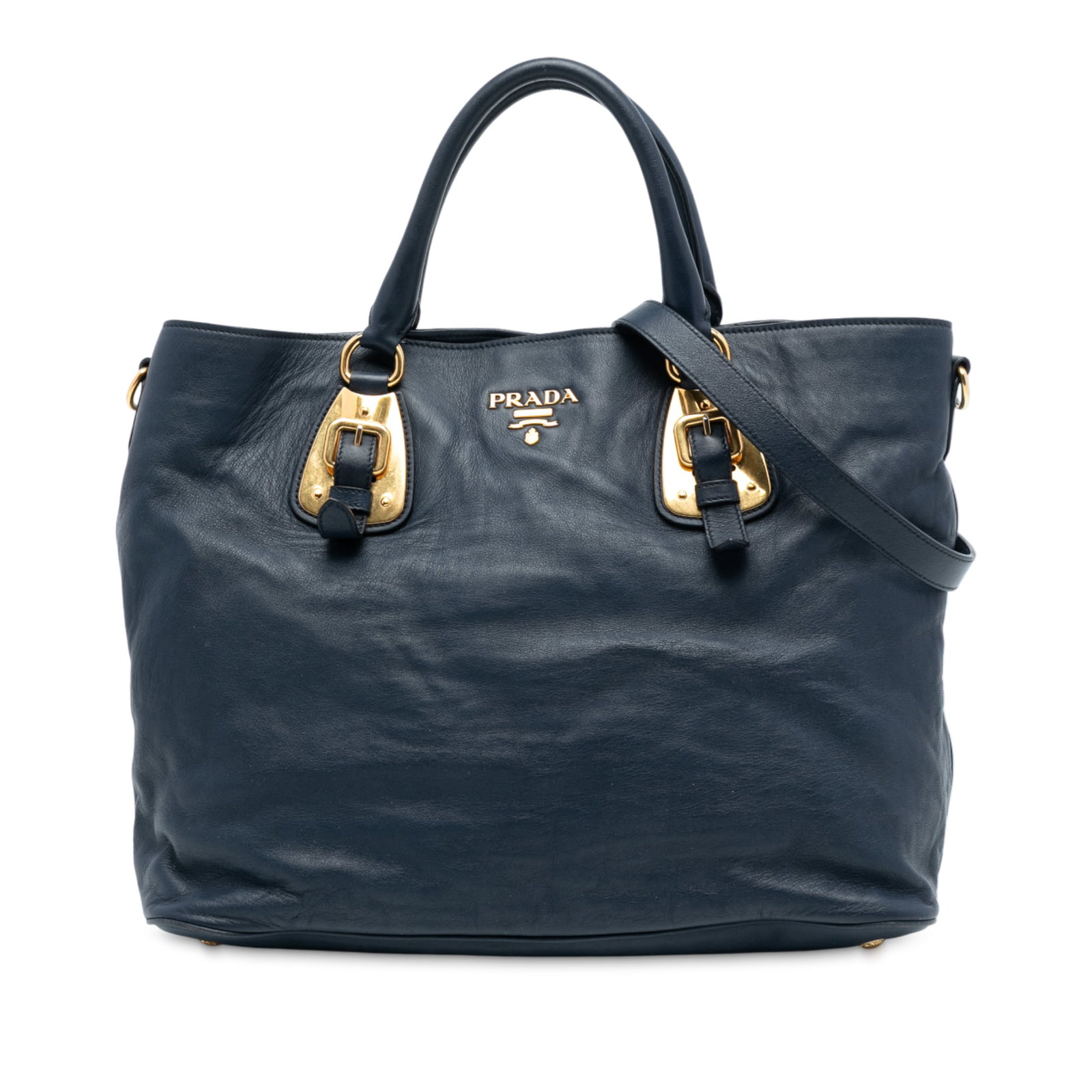 Prada Blue Leather Soft Calfskin Convertible Tote with Detachable Strap: Prada Blue Leather Soft Calfskin Convertible Tote with Detachable Strap This Prada Soft Calfskin Open Convertible Shopping Tote is crafted from high-quality blue leather and features rolled leather ha