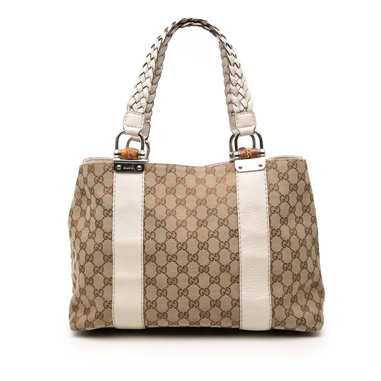 Gucci bamboo tote in GG canvas with leather trim: Gucci bamboo tote in GG canvas with leather trim This Gucci Medium GG Canvas Bamboo Libeccio Tote features a beige canvas body accented with leather trim and flat braided straps. The open top design o