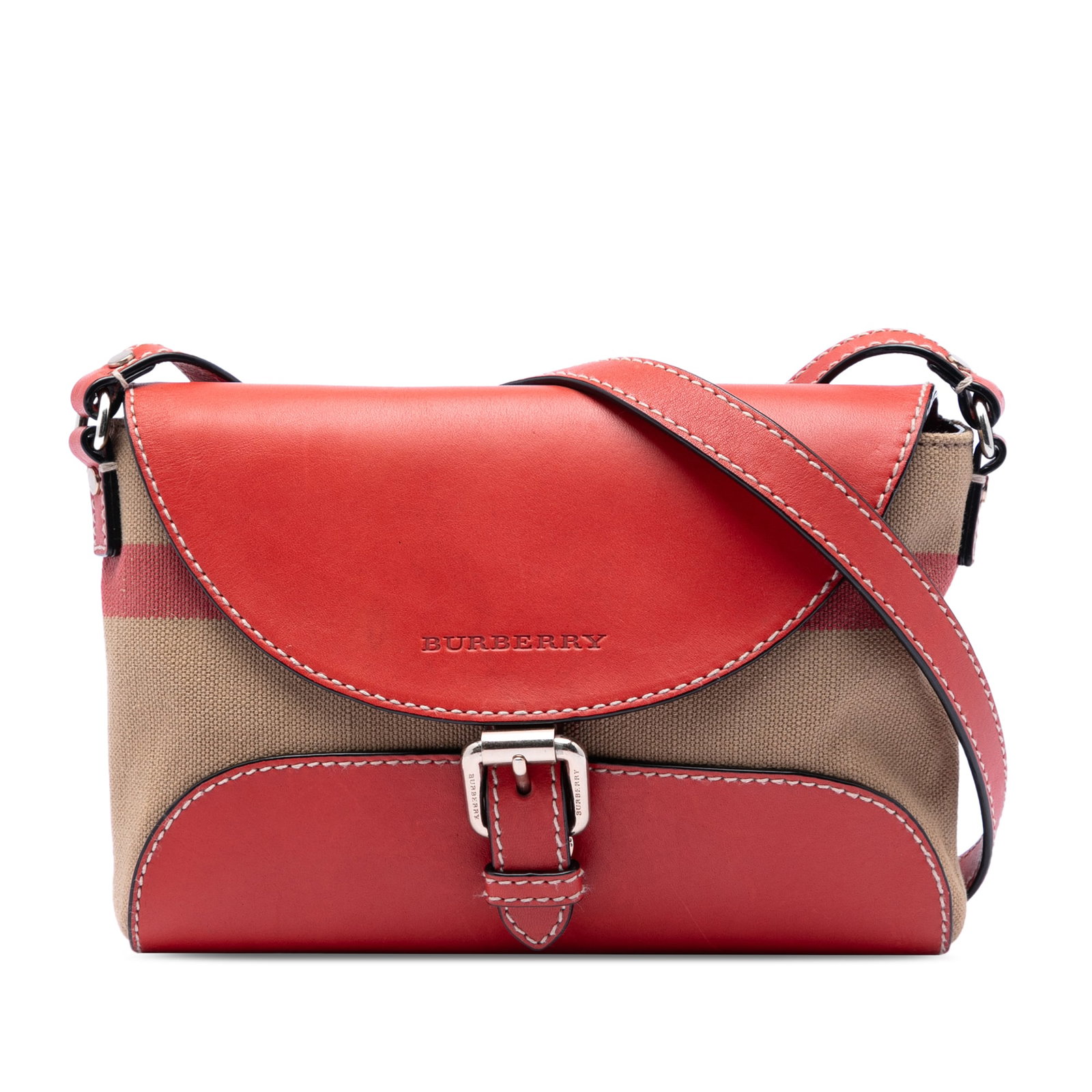Burberry Henham Red Leather Canvas Crossbody Bag: Burberry Henham Red Leather Canvas Crossbody Bag This Burberry Henham crossbody bag features a combination of leather and House Check canvas with leather trim. It is designed with an adjustable flat l