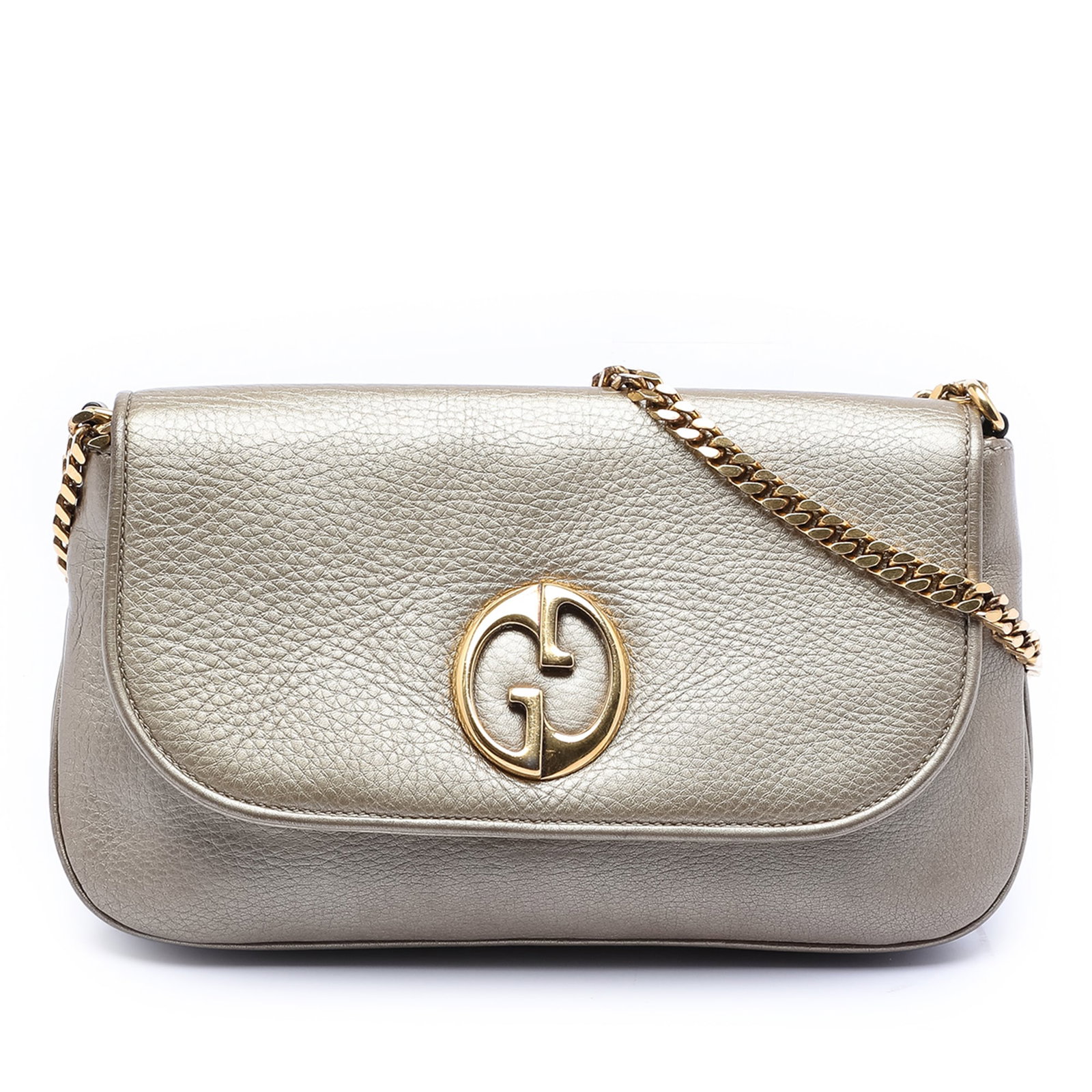 Gucci 1973 Medium Leather Chain Crossbody Bag: Gucci 1973 Medium Leather Chain Crossbody Bag This Gucci Medium Leather 1973 Chain Crossbody bag features a leather body with a gold-tone chain link strap, a front flap with a gold-tone double G detai