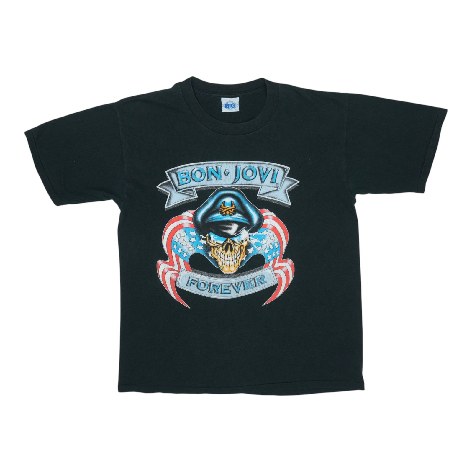 Vintage 1990s Bon Jovi Forever Black Cotton Band T-Shirt Size Large: Vintage 1990s Bon Jovi Forever Black Cotton Band T-Shirt Size Large This is an original vintage 1990s Bon Jovi Forever shirt, featuring front graphics and no back graphics. Made from 100% cotton, the 