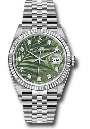 Rolex Datejust 126234 Olive Green Palm Dial Jubilee Bracelet: Rolex Datejust 126234 Olive Green Palm Dial Jubilee Bracelet This Rolex Datejust features an olive green palm motif dial with a diamond-set 6 marker, complemented by a fluted bezel and a Jubilee brace