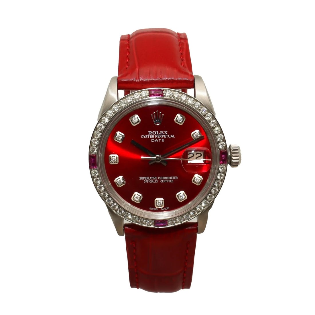 Rolex Oyster Perpetual Date 34mm Red Dial Diamond Bezel Watch: Rolex Oyster Perpetual Date 34mm Red Dial Diamond Bezel Watch This vintage Rolex Oyster Perpetual Date wristwatch features a 34mm stainless steel case with a custom diamond fixed bezel and a striking 
