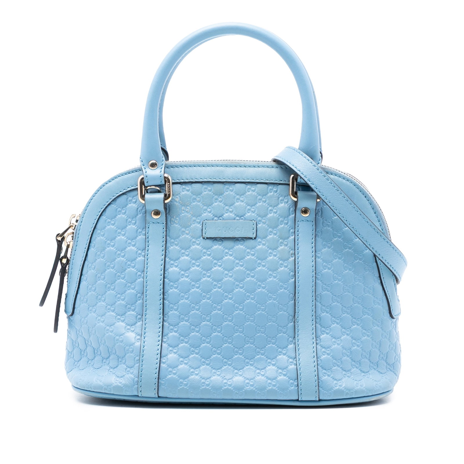 Blue Leather Mini Microguccissima Dome Bag with Detachable Strap: Blue Leather Mini Microguccissima Dome Bag with Detachable Strap This Gucci Mini Microguccissima Dome Satchel features an embossed leather body in blue, rolled leather handles, a detachable flat strap