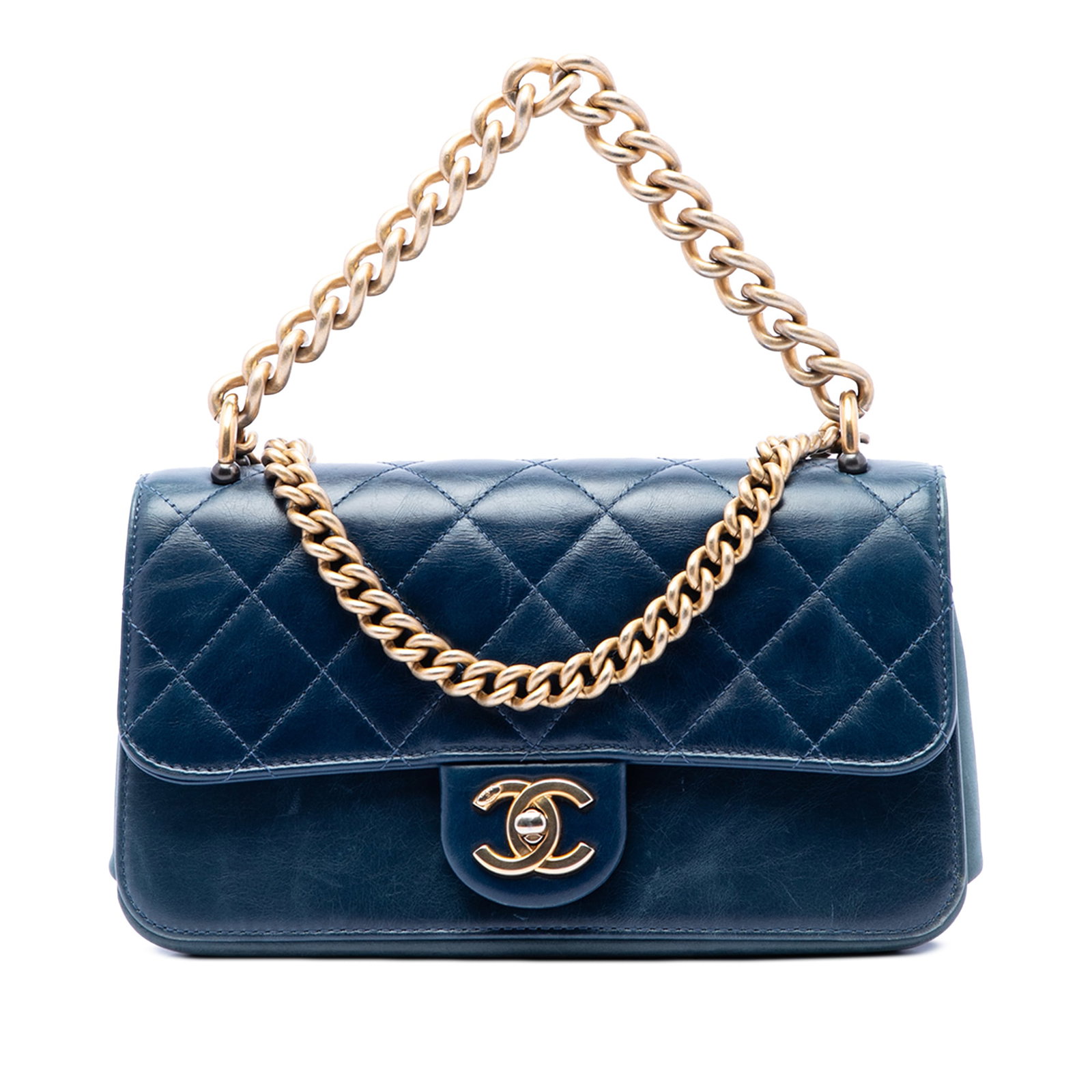 Chanel Straight Lined Flap Small Blue Quilted Calfskin Satchel: Chanel Straight Lined Flap Small Blue Quilted Calfskin Satchel This Chanel Small Quilted Calfskin Straight Lined Flap satchel is crafted in quilted leather and features a chain link handle, a chain li
