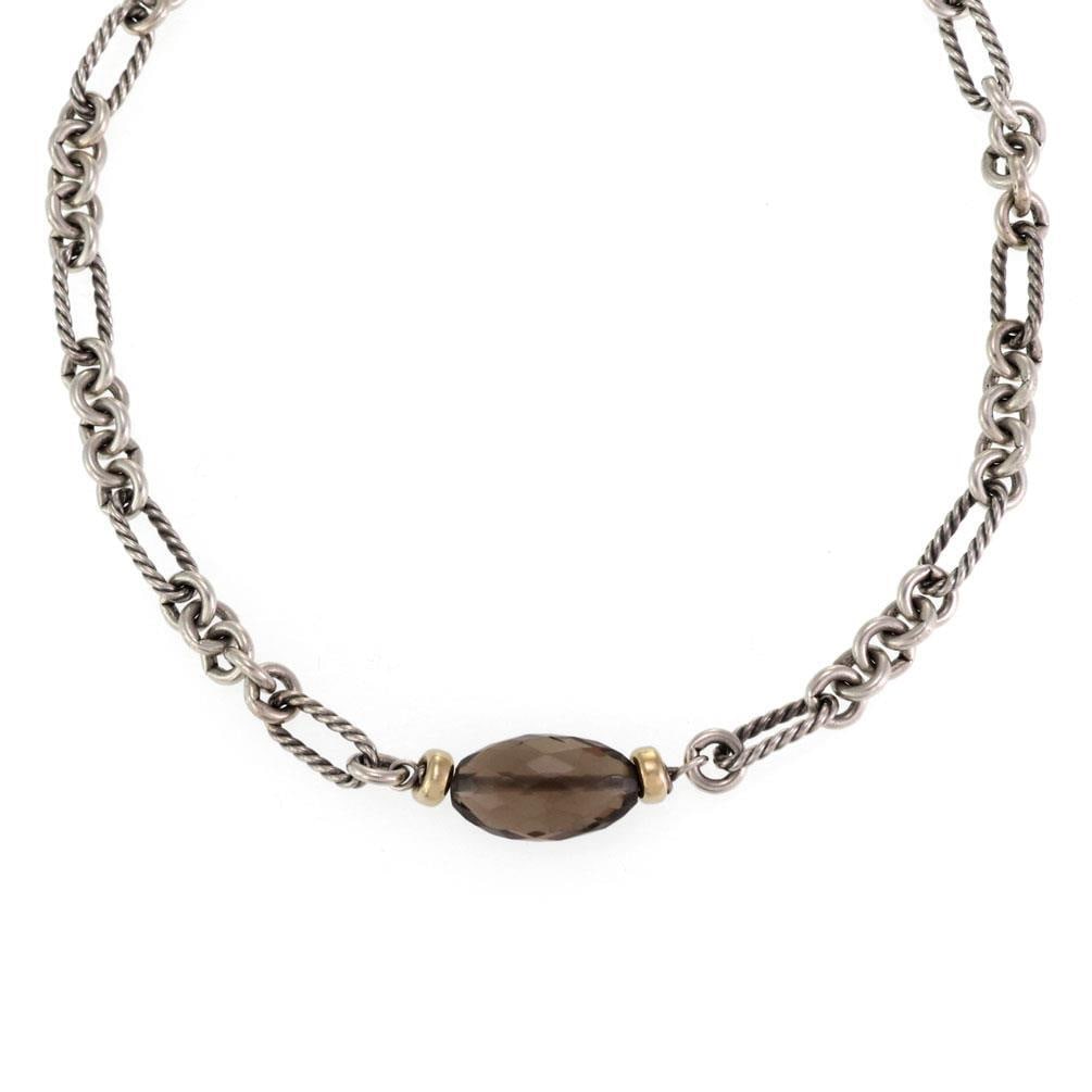 David Yurman Smoky Quartz Pendant 18k Gold Sterling Silver Necklace: David Yurman Smoky Quartz Pendant 18k Gold Sterling Silver Necklace This exquisite pendant and chain by David Yurman features a stunning briolette cut smoky quartz gemstone, measuring 21.3mm long, 11.