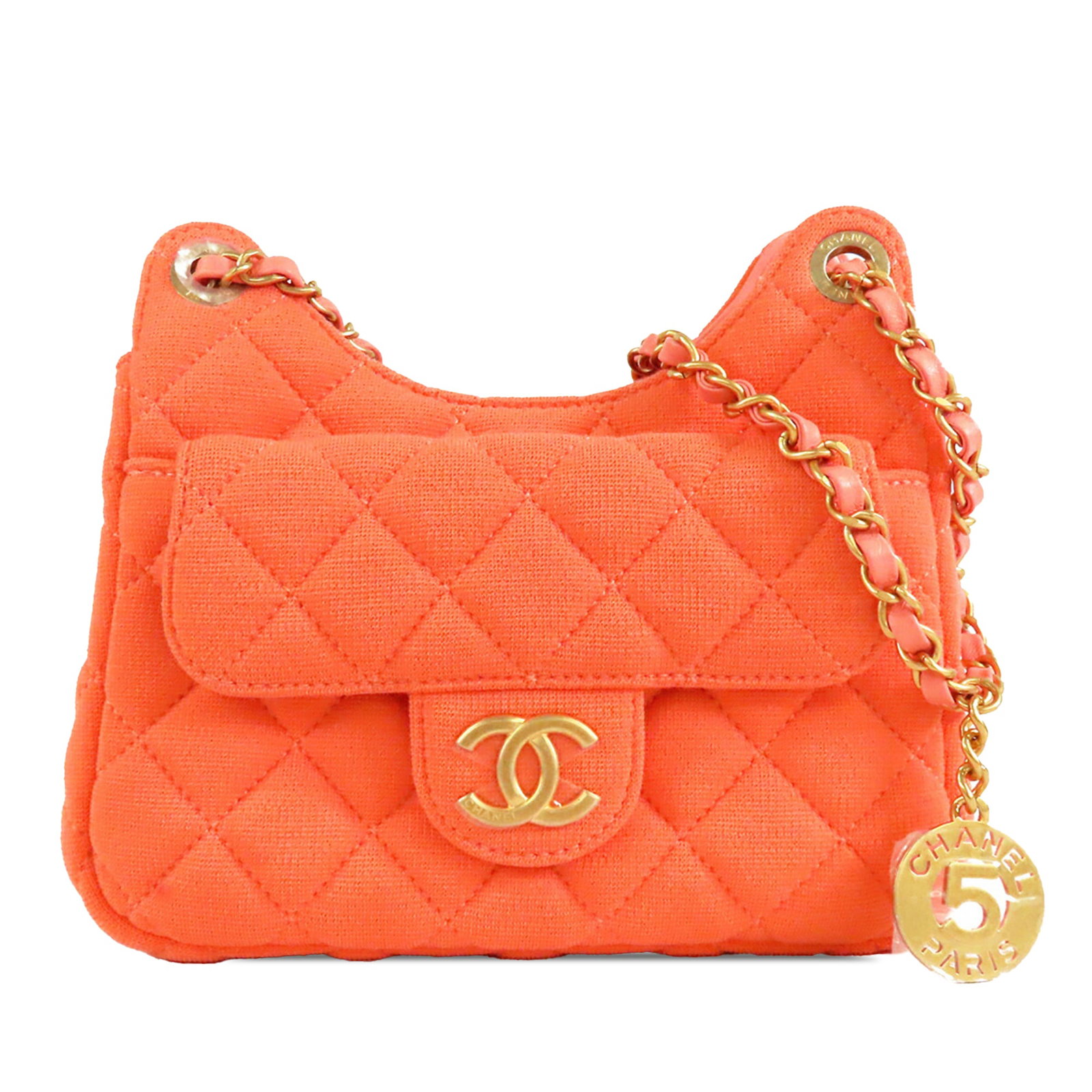 Chanel Wavy CC Small Hobo Bag Quilted Jersey Orange: Chanel Wavy CC Small Hobo Bag Quilted Jersey Orange A Chanel Small Quilted Jersey Wavy CC Hobo bag in orange, made in Italy. It features a quilted cotton body, a leather woven chain link shoulder stra