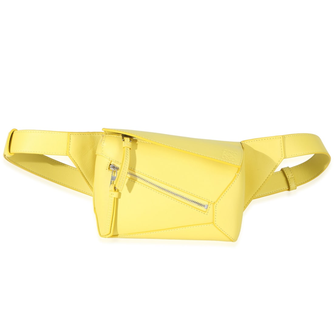 Loewe Mini Puzzle Edge Yellow Leather Bum Bag: Loewe Mini Puzzle Edge Yellow Leather Bum Bag This Loewe Mini Puzzle Edge Bumbag is crafted from yellow calfskin leather and features a compact, modern design. The bag is accented with silver-tone har