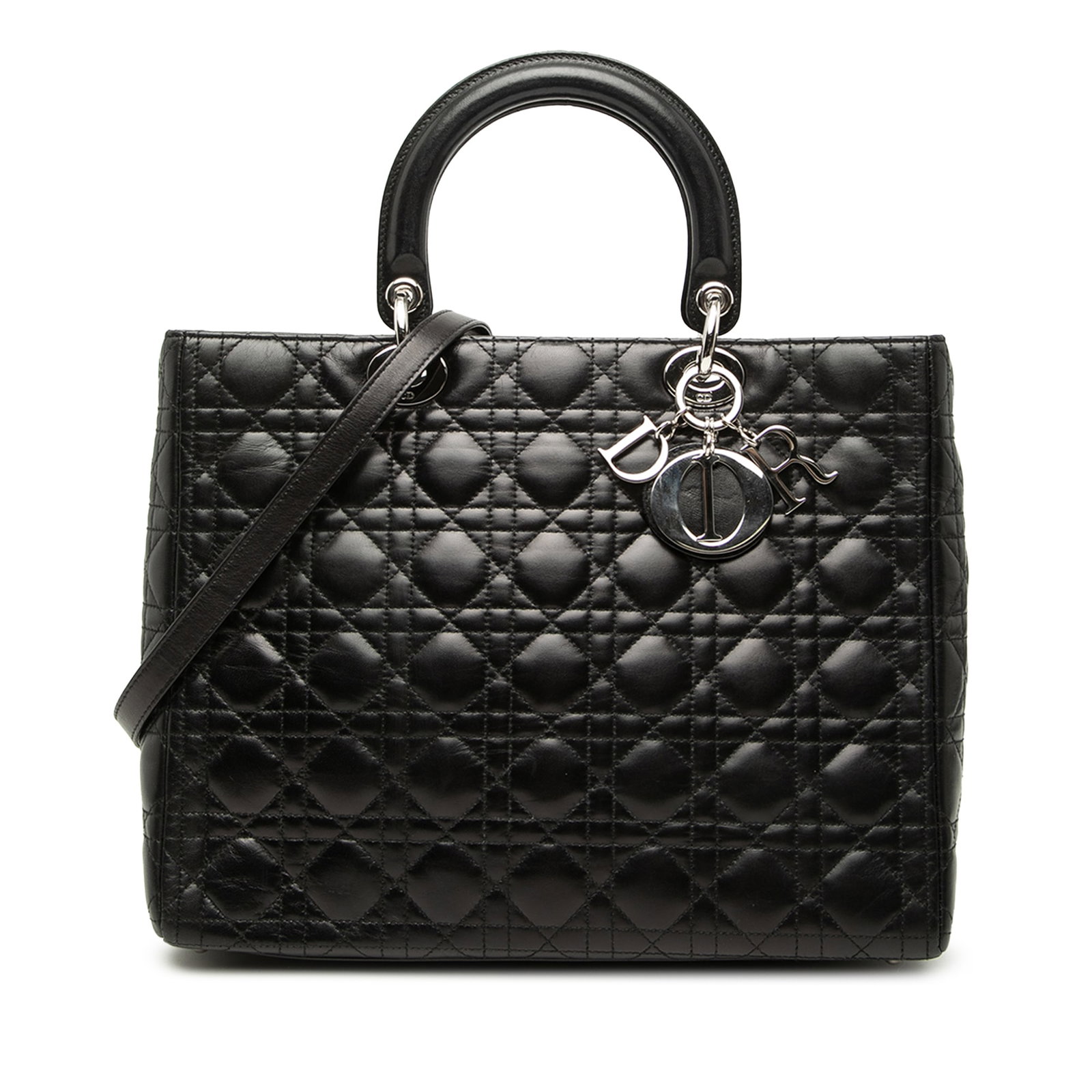 Dior Lady Dior Large Cannage Lambskin Handbag Black: Dior Lady Dior Large Cannage Lambskin Handbag Black Large Lady Dior handbag in black quilted lambskin leather with Cannage detailing. This bag features flat top handles, a detachable flat leather stra