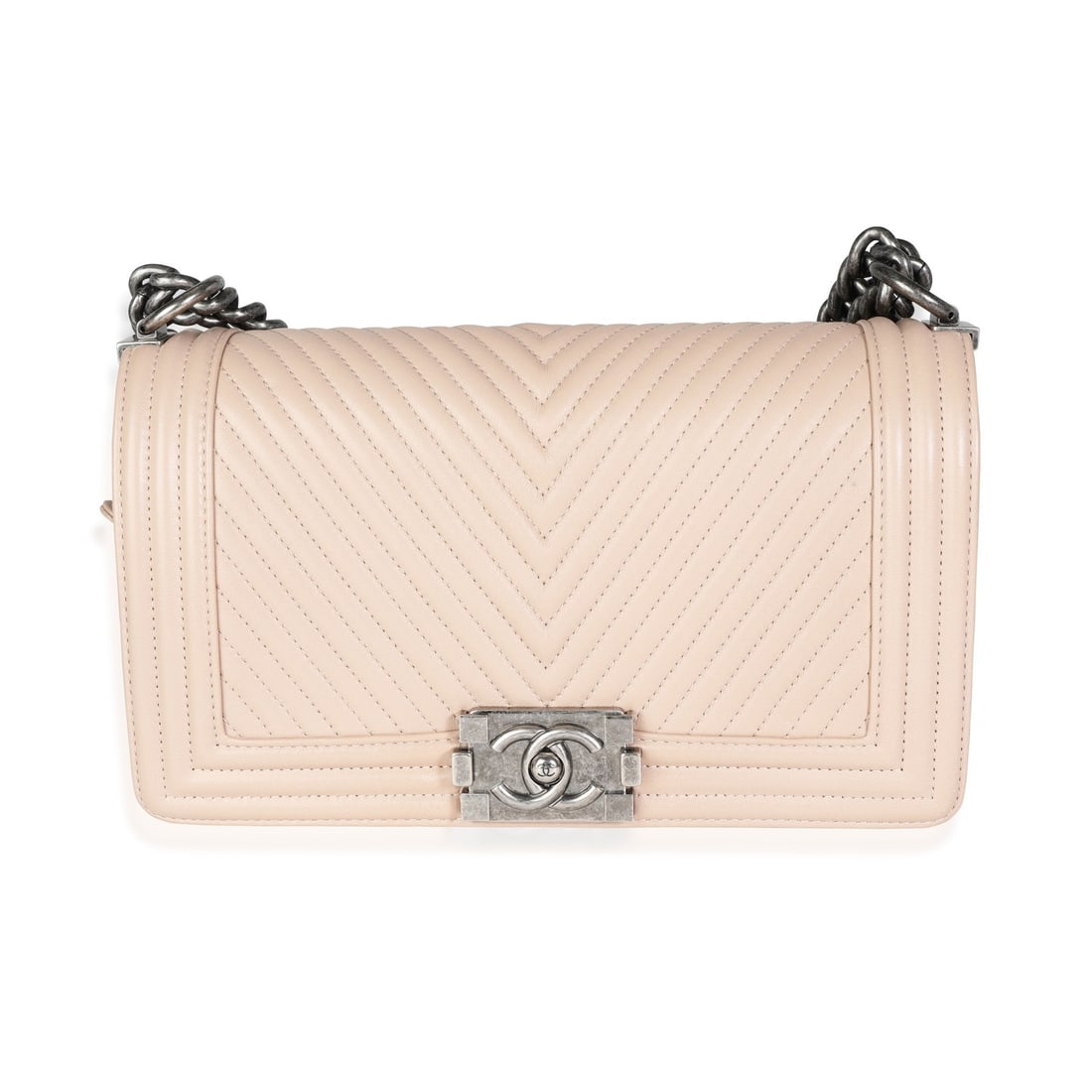 Chanel Medium Boy Bag Beige Lambskin Chevron Quilted Crossbody: Chanel Medium Boy Bag Beige Lambskin Chevron Quilted Crossbody A pre-owned Chanel Medium Boy Bag in light beige chevron quilted lambskin with a push-lock closure and gunmetal hardware. This medium-siz