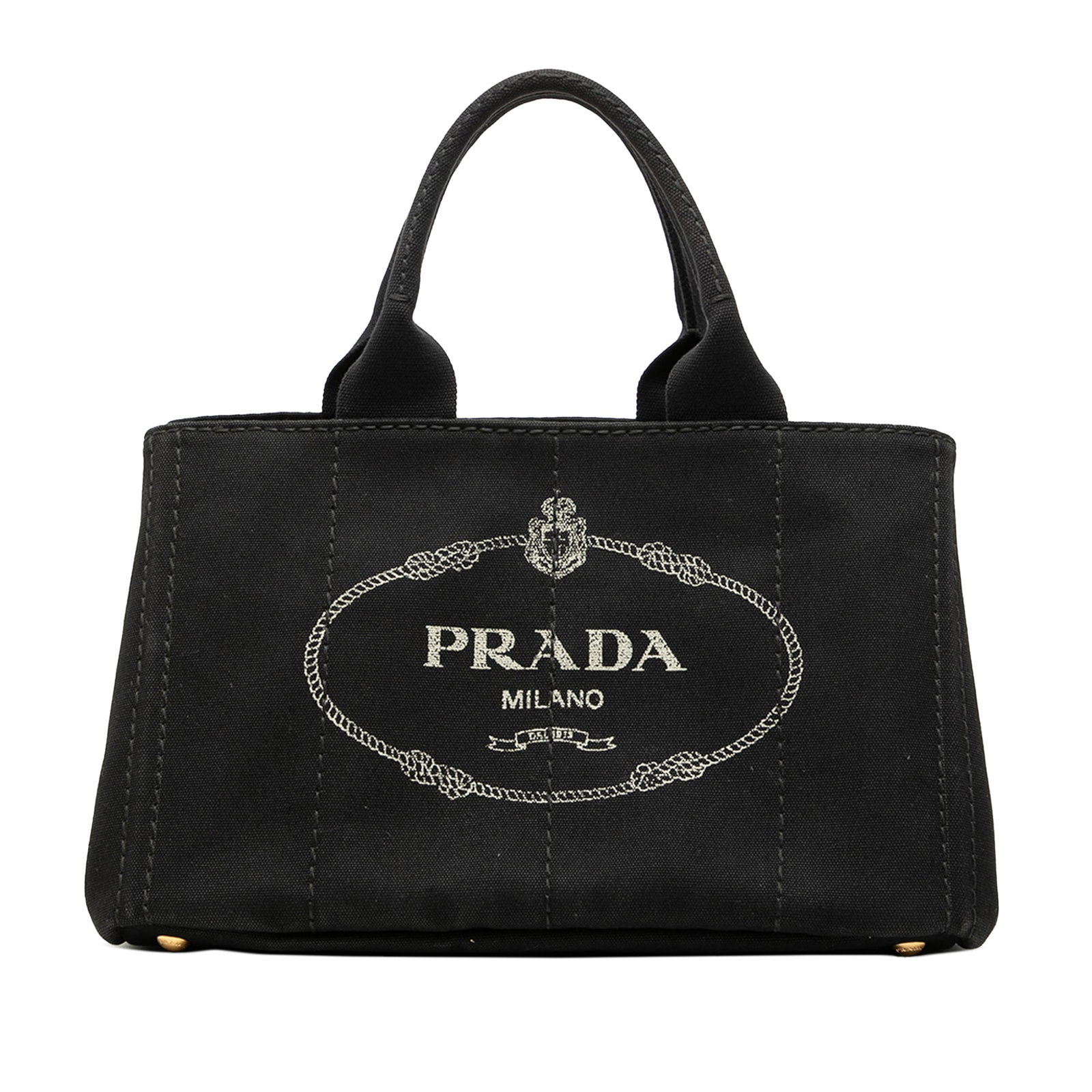 Prada Canapa Logo Canvas Satchel Black Fabric: Prada Canapa Logo Canvas Satchel Black Fabric This Prada Canvas Canapa Logo Satchel features a black canvas body with rolled handles and an open top design. The interior includes zip and slip pockets 