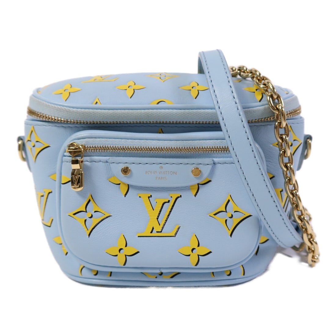 Louis Vuitton Mini Bumbag M83694 Blue Calfskin 2 Way Shoulder Bag: Louis Vuitton Mini Bumbag M83694 Blue Calfskin 2 Way Shoulder Bag Louis Vuitton Mini Bumbag 2 Way Shoulder Bag, model M83694, in blue with yellow and blue accents. Made from calfskin (cowhide) with Ep