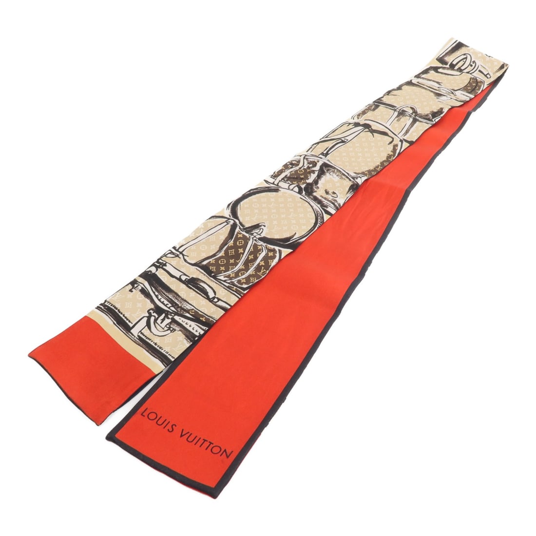 Silk Bandeau Scarf Louis Vuitton M73964 Trunk Beige Red: Silk Bandeau Scarf Louis Vuitton M73964 Trunk Beige Red A Louis Vuitton LV Bandeau Trunk scarf in beige and red silk, model M73964. It measures 120 cm x 7.5 cm and is offered in Very Good condition. A