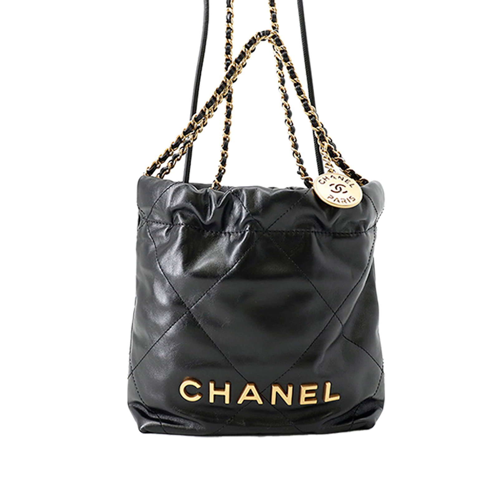 Chanel 22 Mini Handbag in Black Shiny Calfskin: Chanel 22 Mini Handbag in Black Shiny Calfskin This Chanel Mini Shiny Calfskin 22 handbag is a black satchel crafted in leather with a quilted leather body. It features leather-woven chain straps, a r