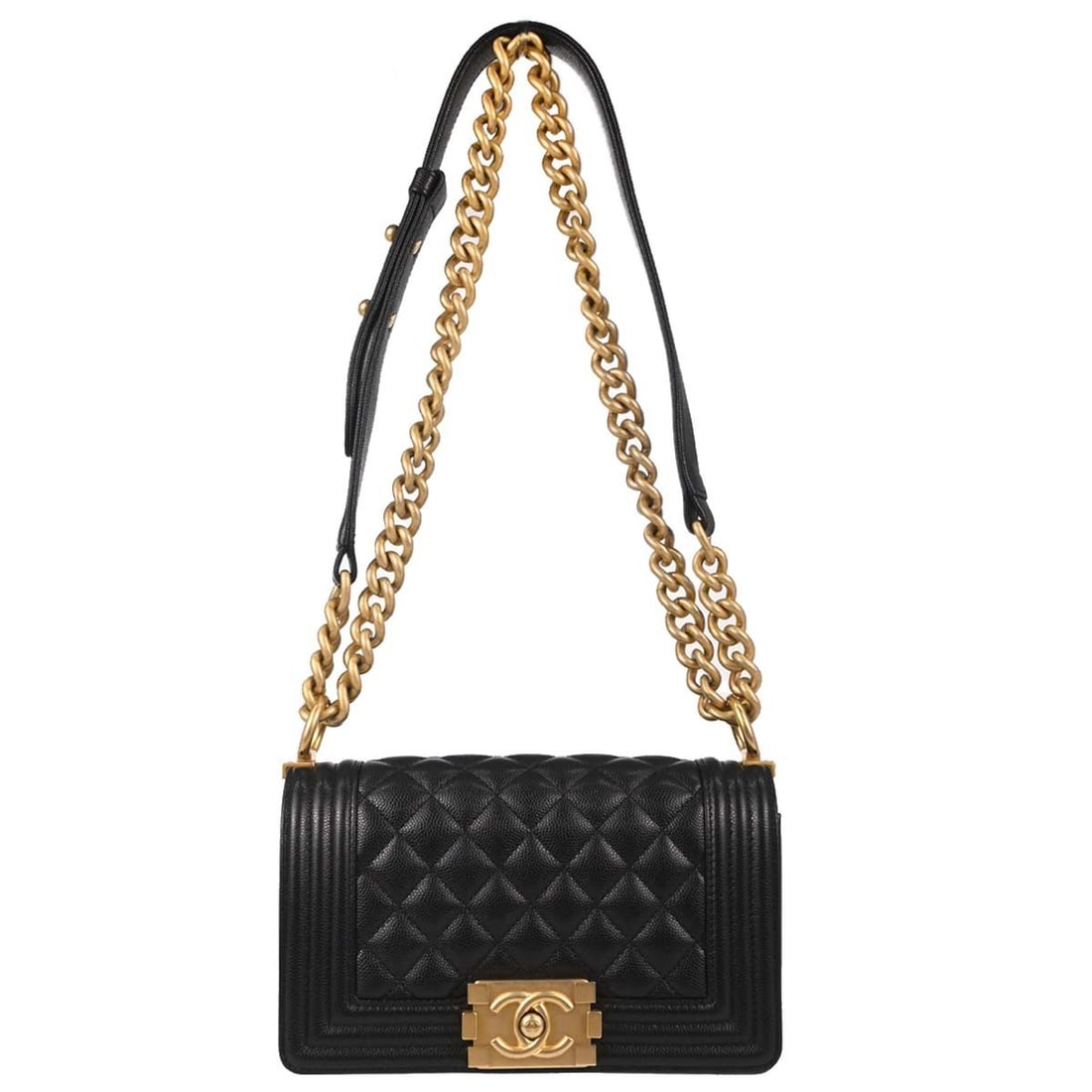 CHANEL Boy Chanel Mini Black Caviar Leather Shoulder Bag: CHANEL Boy Chanel Mini Black Caviar Leather Shoulder Bag Black Boy Chanel small chain shoulder bag in caviar skin leather with a clasp flap closure, chain shoulder strap, fabric lining, and one interi