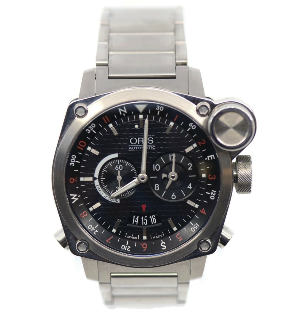 Oris BC4 Flight Timer Stainless Steel Watch 43mm with Box and Papers: Oris BC4 Flight Timer Stainless Steel Watch 43mm with Box and Papers The Oris BC4 Flight Timer is a sophisticated stainless steel wristwatch designed for aviation enthusiasts. With a robust 43mm case,