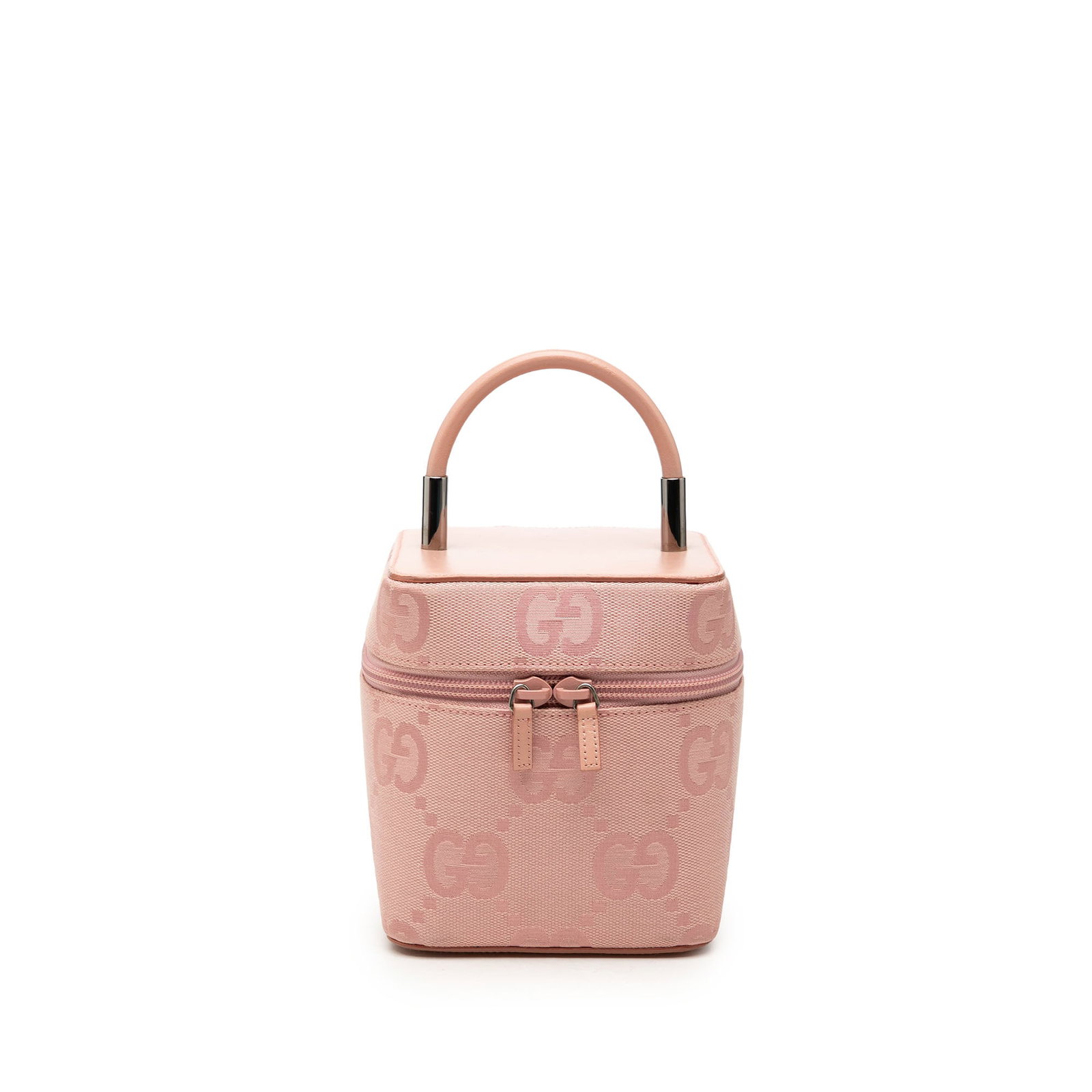 Gucci Mini GG Vanity Bag Pink Canvas Leather Trim: Gucci Mini GG Vanity Bag Pink Canvas Leather Trim A Gucci Mini GG Canvas Vanity Bag in pink, made in Italy. The bag features a canvas body with leather trim, a rolled leather handle, a double zip-arou