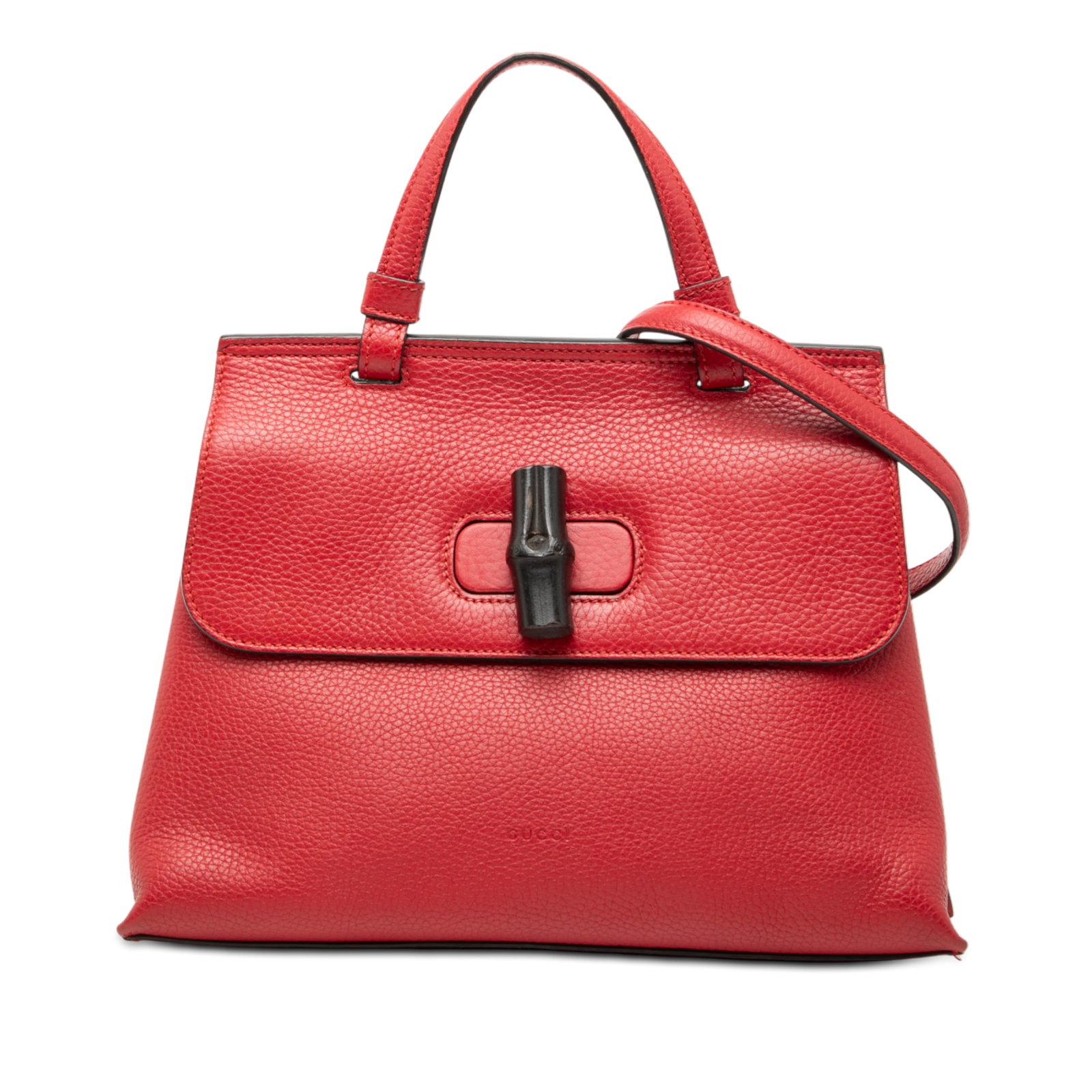 Gucci Red Leather Bamboo Daily Satchel Small: Gucci Red Leather Bamboo Daily Satchel Small This Gucci Small Leather Bamboo Daily Satchel features a red leather body with a flat top handle and a detachable flat strap. The bag is designed with a fr