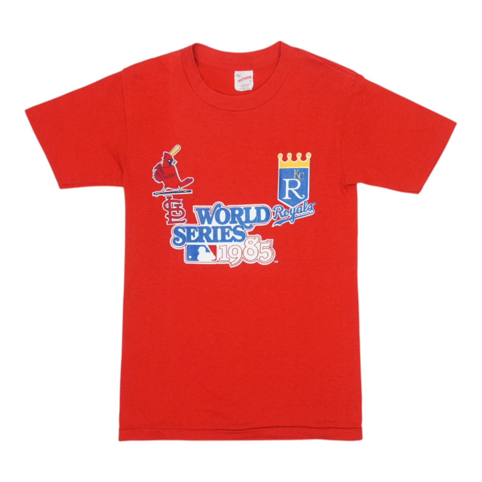 Vintage 1985 Kansas City Royals World Series Red Poly Cotton T Shirt Small: Vintage 1985 Kansas City Royals World Series Red Poly Cotton T Shirt Small This is an original vintage 1985 Kansas City Royals World Series shirt, not a modern reproduction. It features a red color, i