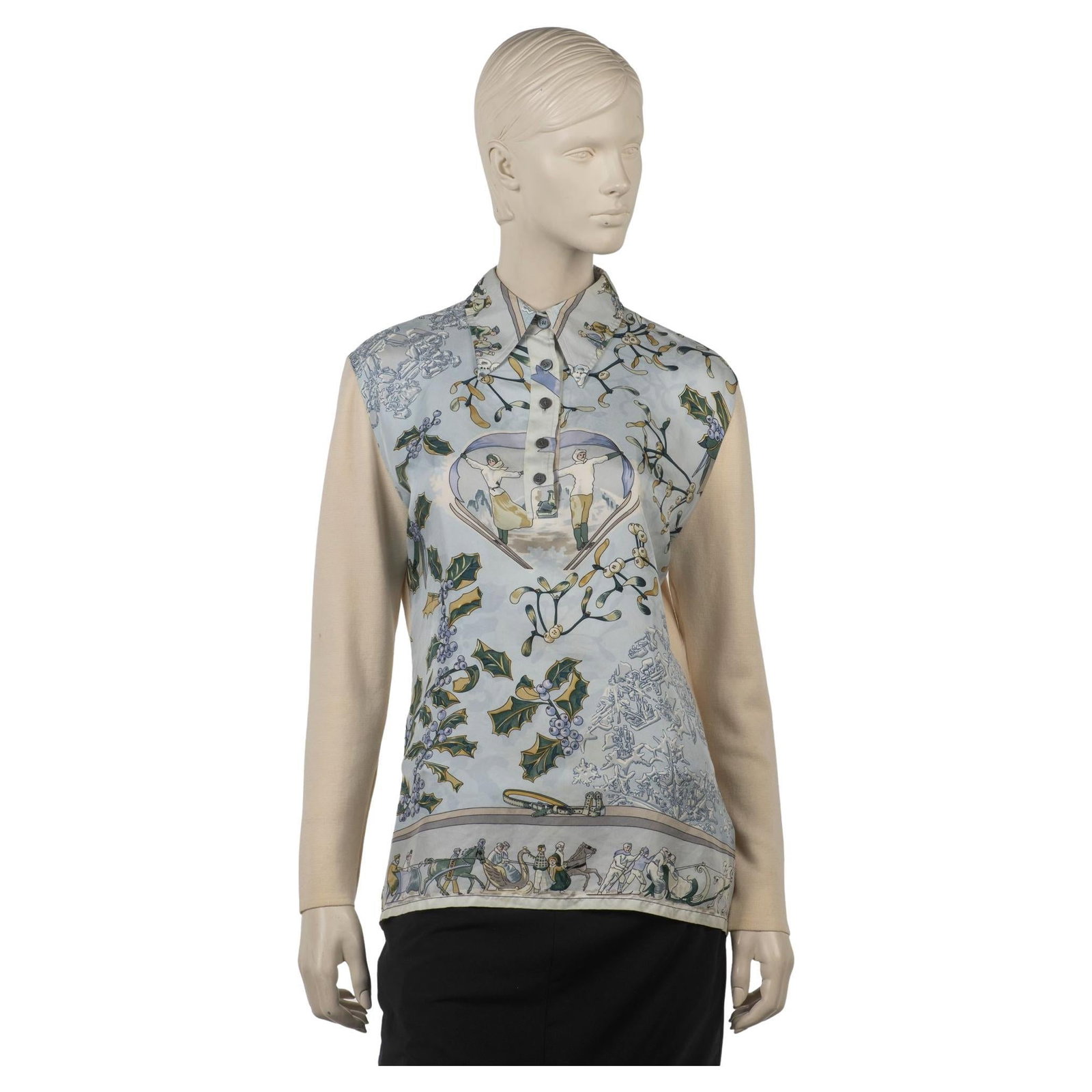 Hermes Niege d Antan Silk Wool Shirt Blue Caty Latham Design: Hermes Niege d Antan Silk Wool Shirt Blue Caty Latham Design This exquisite Hermes shirt combines the luxurious materials of silk and wool, featuring a stunning blue print designed by Caty Latham, ori