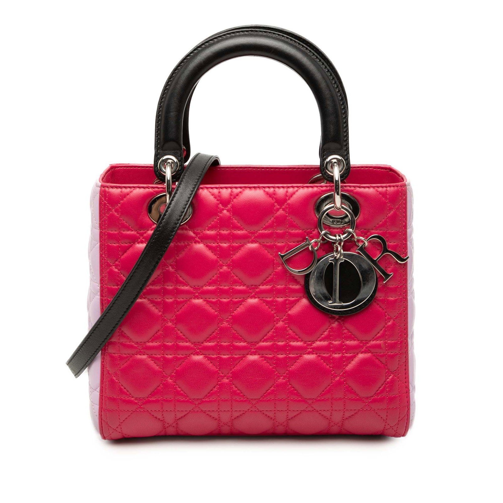 Dior Lady Dior Medium Cannage Tricolor Lambskin Bag: Dior Lady Dior Medium Cannage Tricolor Lambskin Bag Medium Lady Dior handbag in tricolor lambskin leather with Cannage quilting. This bag features flat leather top handles, a detachable flat leather s