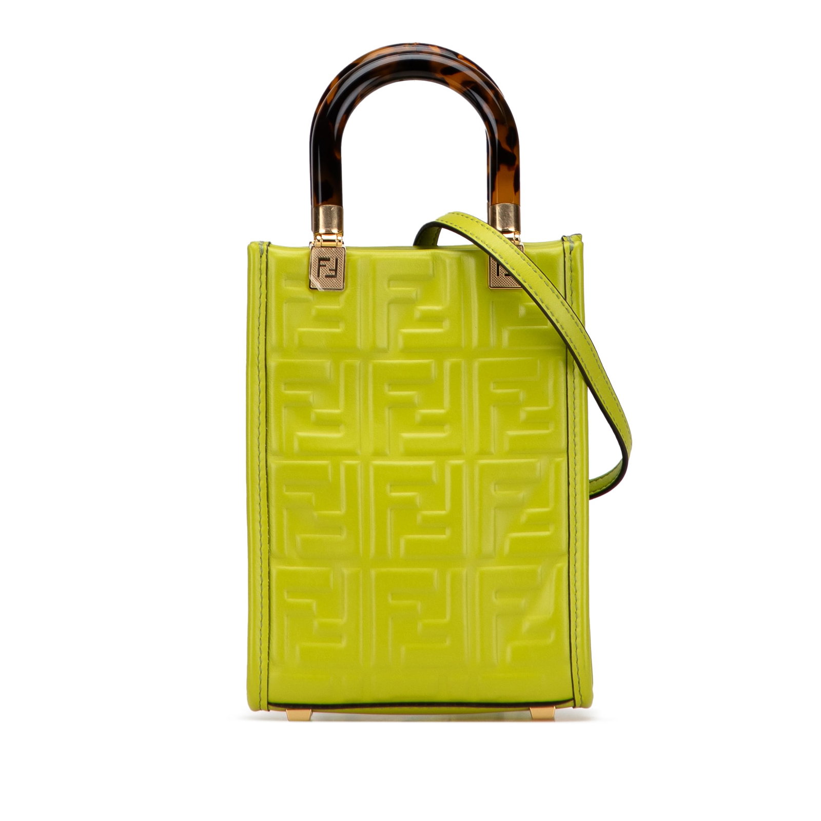 Fendi Mini Zucca Green Leather Sunshine Shopper Tote: Fendi Mini Zucca Green Leather Sunshine Shopper Tote The Fendi Mini Zucca Embossed Leather Sunshine Shopper Tote is a stylish and functional accessory crafted from high-quality embossed leather. This 