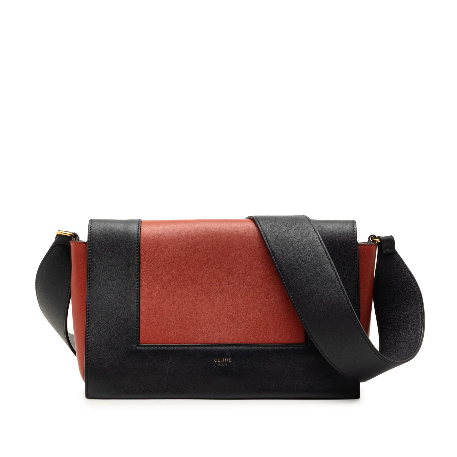 Celine Frame Shoulder Bag Medium Black Leather: Celine Frame Shoulder Bag Medium Black Leather This Celine Medium Shiny Smooth Calfskin Frame Shoulder Bag features a black leather body, a flat leather shoulder strap, a front flap closure, and inter