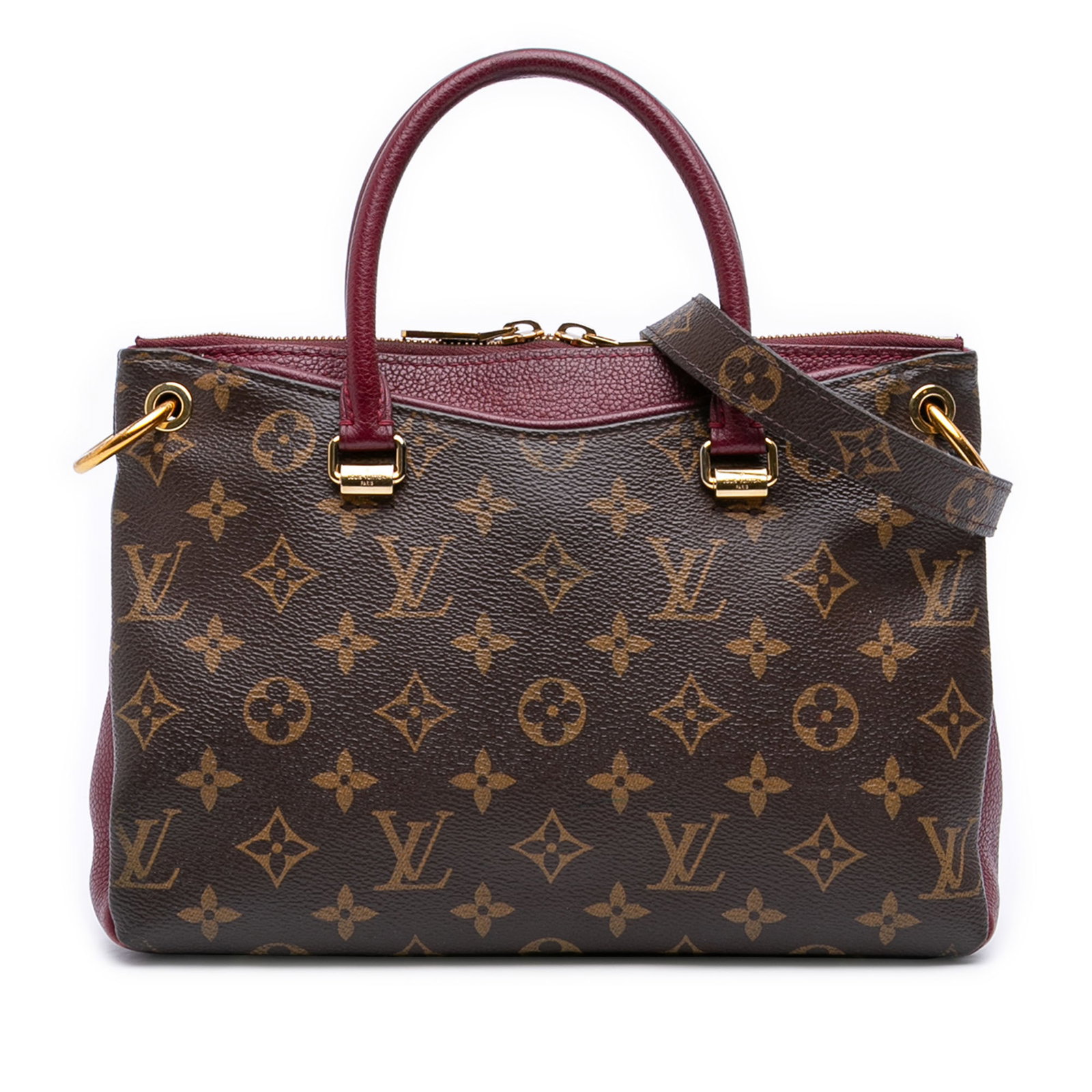 Louis Vuitton Pallas BB Monogram Canvas Handbag with Leather Trim: Louis Vuitton Pallas BB Monogram Canvas Handbag with Leather Trim The Louis Vuitton Monogram Pallas BB features a monogram canvas body with leather trim, rolled leather handles, a detachable flat leat