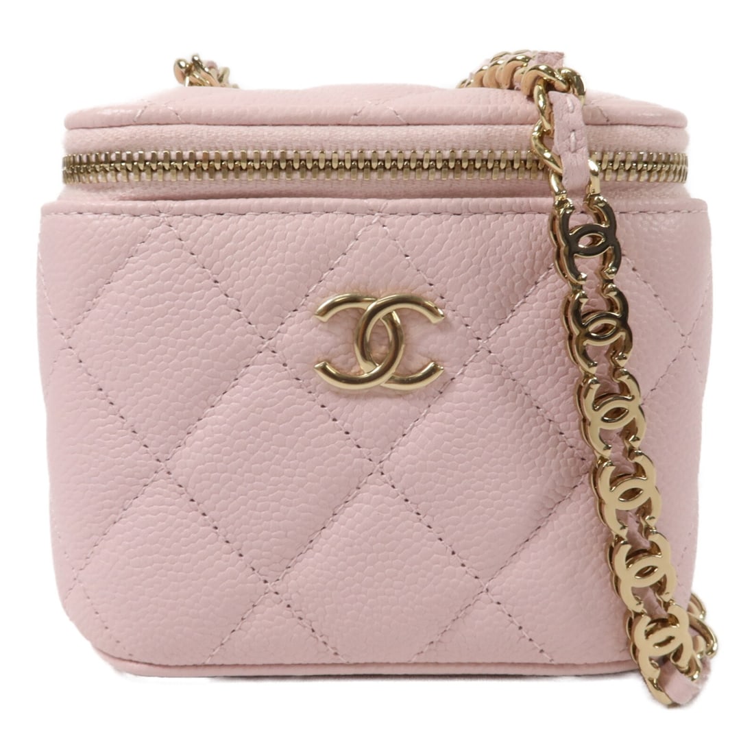 CHANEL AP2624 Mini Vanity Chain Shoulder Bag Pink Grained Calfskin: CHANEL AP2624 Mini Vanity Chain Shoulder Bag Pink Grained Calfskin CHANEL CC GHW Mini Vanity Chain Shoulder Bag, model AP2624, in pink grained calfskin (cowhide). It features a chain shoulder strap, o