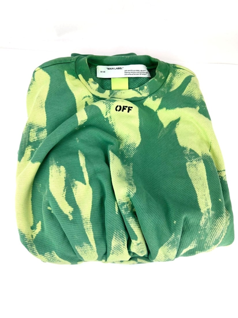 Off-White Light Green Tie Dye Extra Crop Sweatshirt: Off-White Light Green Tie Dye Extra Crop Sweatshirt Elevate your activewear collection with this Off-White Tie Dye Extra Crop Sweatshirt in a vibrant light green hue. This stylish pullover features lo