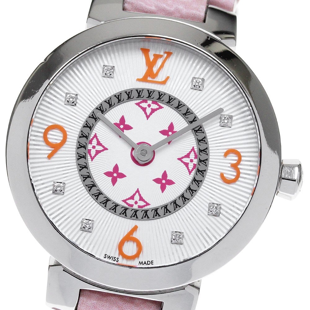 Louis Vuitton Tambour Slim Quartz 8 Diamond Womens Wristwatch QA146: Louis Vuitton Tambour Slim Quartz 8 Diamond Womens Wristwatch QA146 This Louis Vuitton Tambour Slim women's wristwatch features a stainless steel case set with 8 diamonds and a silver dial. The watch 