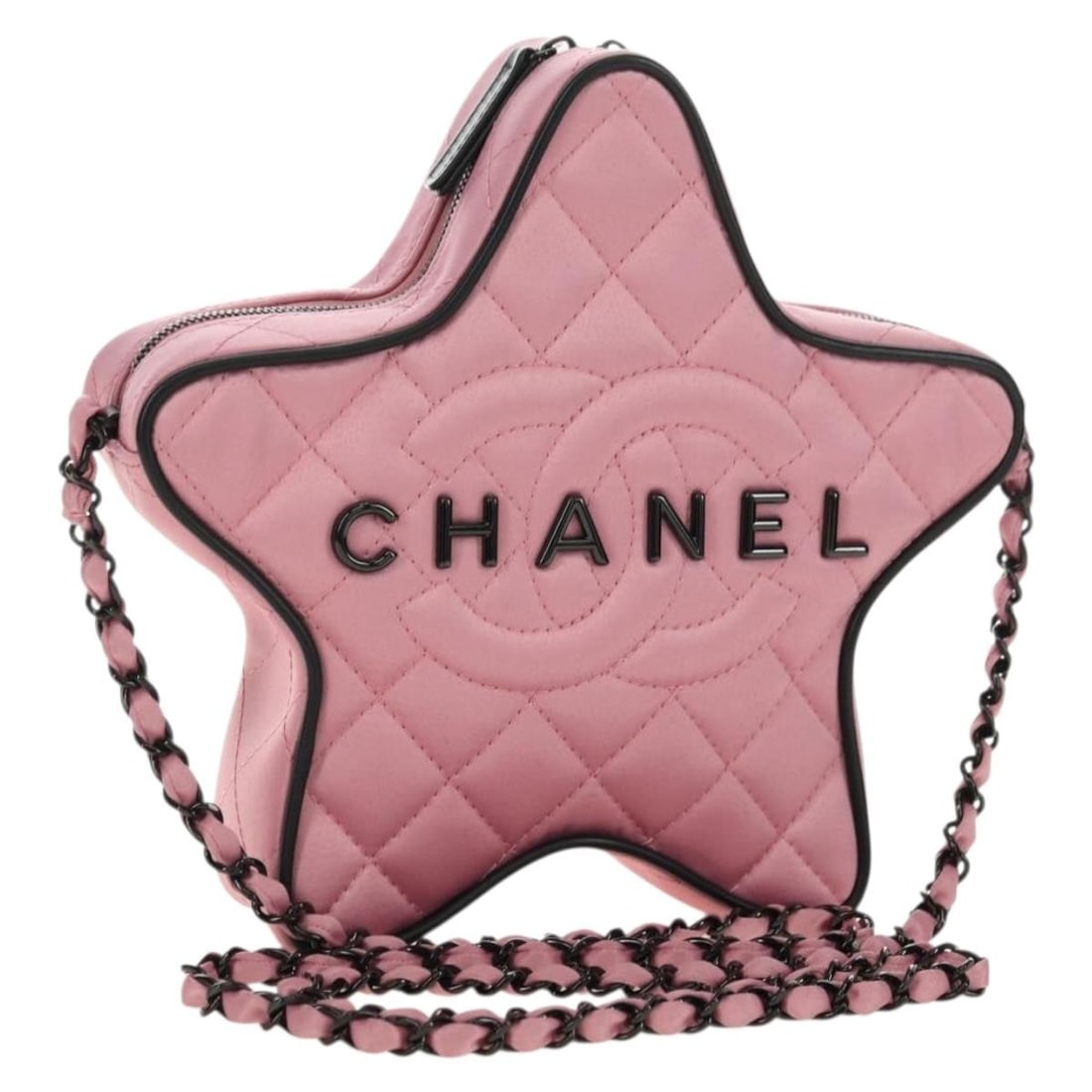 CHANEL Star CC Satin Shoulder Bag Pink with Dust Bag Box: CHANEL Star CC Satin Shoulder Bag Pink with Dust Bag Box This CHANEL Star Matelasse chain shoulder bag is crafted in satin and presented in pink. It features a shoulder strap drop of approximately 21.