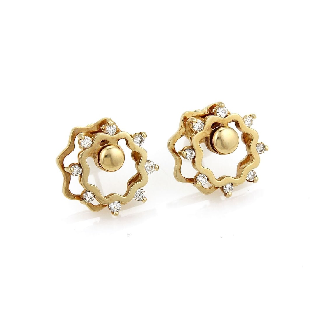 Vintage 14K Yellow Gold Floral Spinner Stud Earrings with Diamonds: Vintage 14K Yellow Gold Floral Spinner Stud Earrings with Diamonds Vintage estate floral spinner stud earrings crafted in 14k yellow gold and accented with diamonds totaling approximately 0.20 ct. The