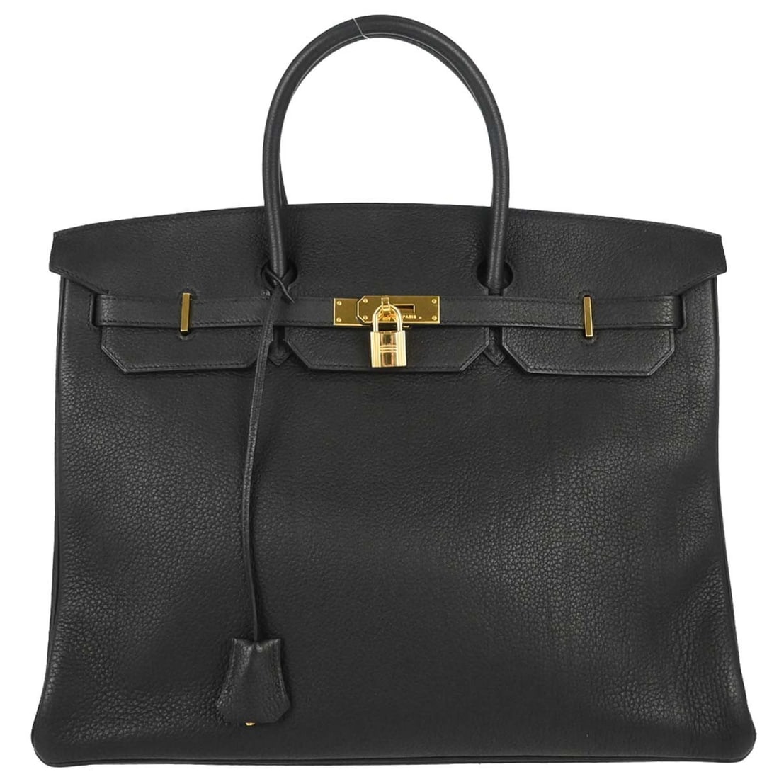 Hermes Birkin 40 Black Togo Leather Handbag with Padlock: Hermes Birkin 40 Black Togo Leather Handbag with Padlock Hermes Birkin 40 handbag in black Togo leather, made in France. It features a flap turn lock closure, double handles, bottom studs, and inner p