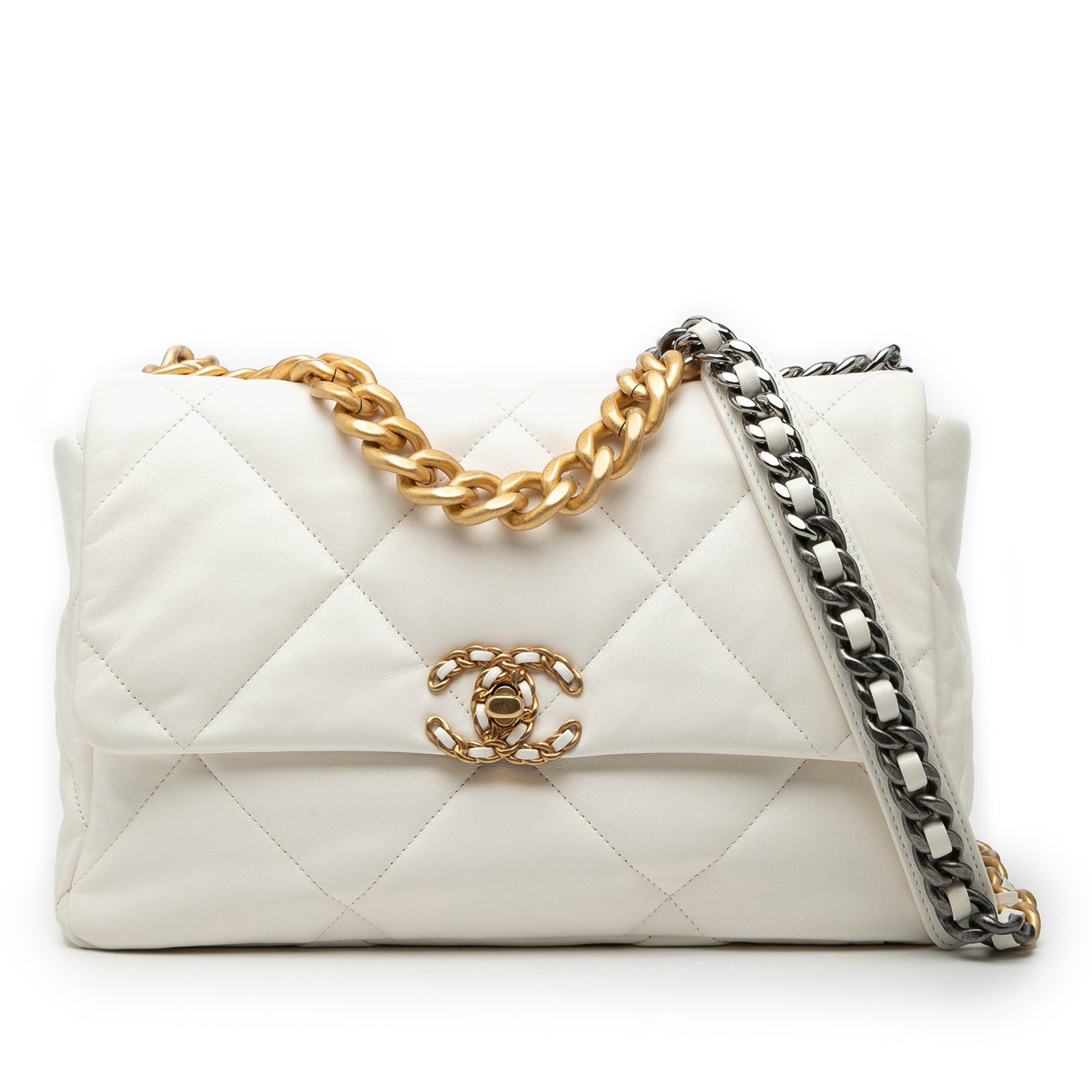 White Chanel 19 Large Quilted Lambskin Flap Shoulder Bag with Gold Chain: White Chanel 19 Large Quilted Lambskin Flap Shoulder Bag with Gold Chain This Chanel Large 19 Flap bag showcases quilted lambskin leather in white, complemented by a gold-tone chain handle and a woven